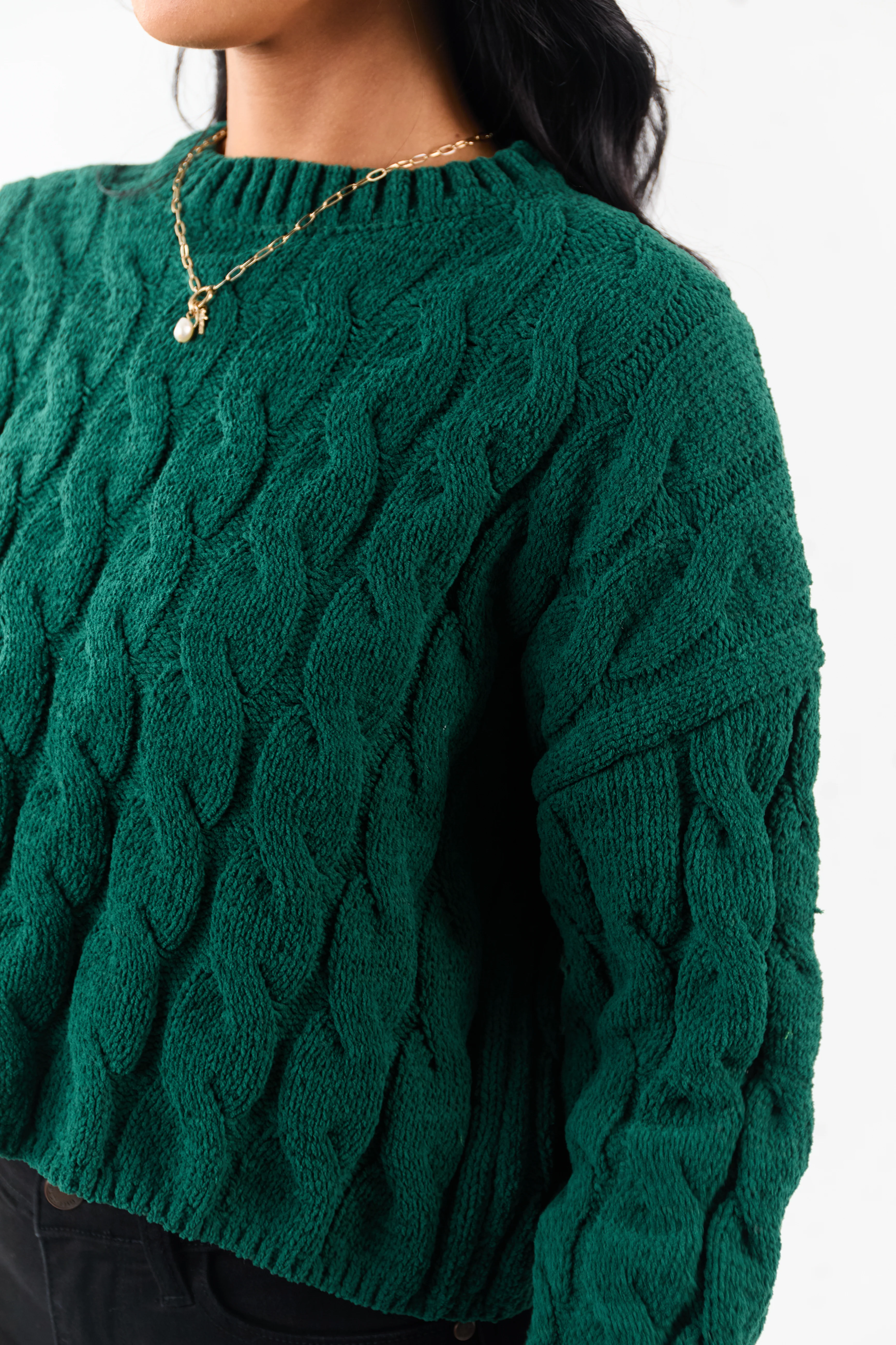 Forest Green Semi Cropped Chenille Cable Knit Sweater - Image 2