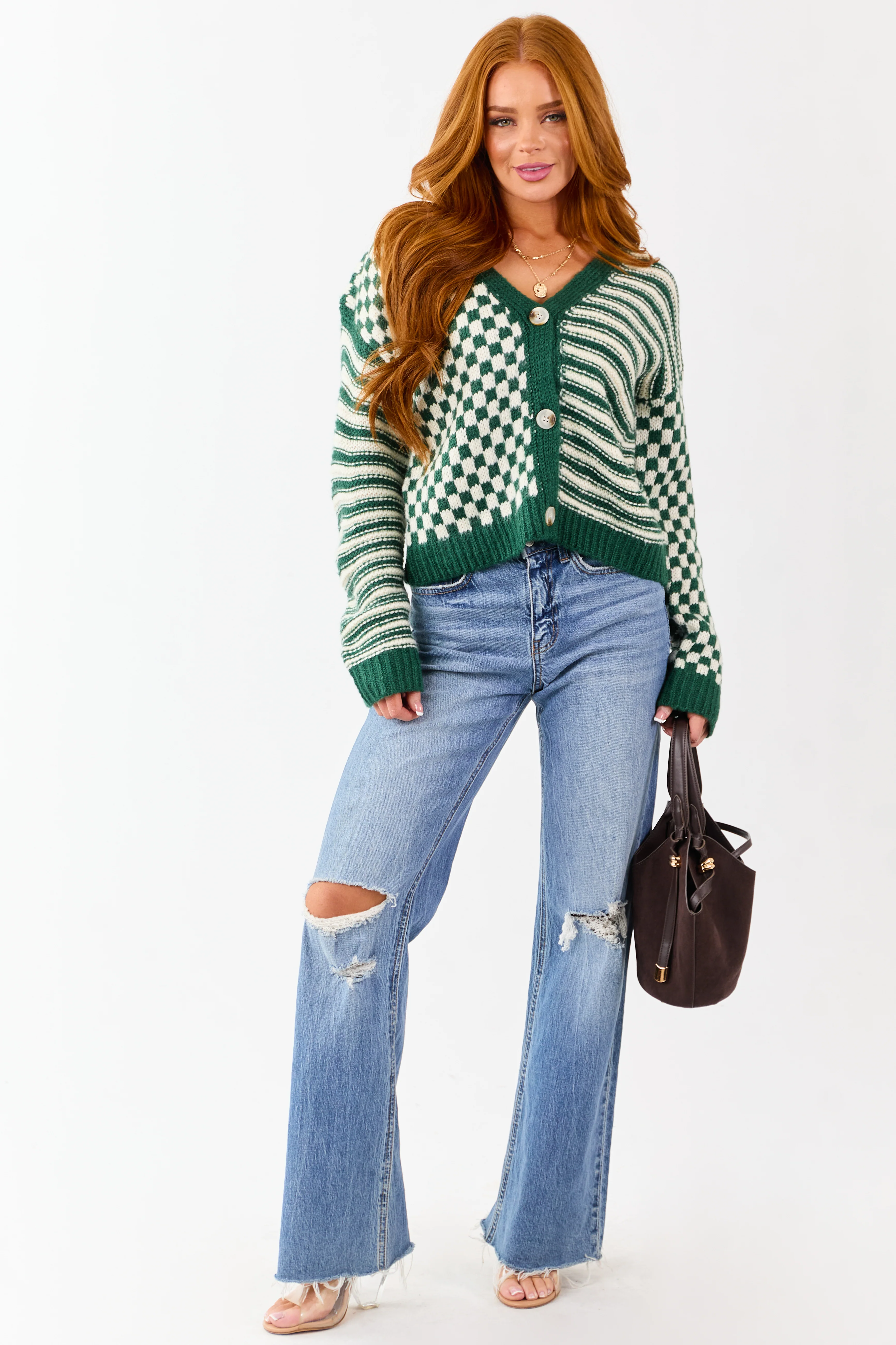 Forest Green Striped and Checkered Cardigan - Image 3