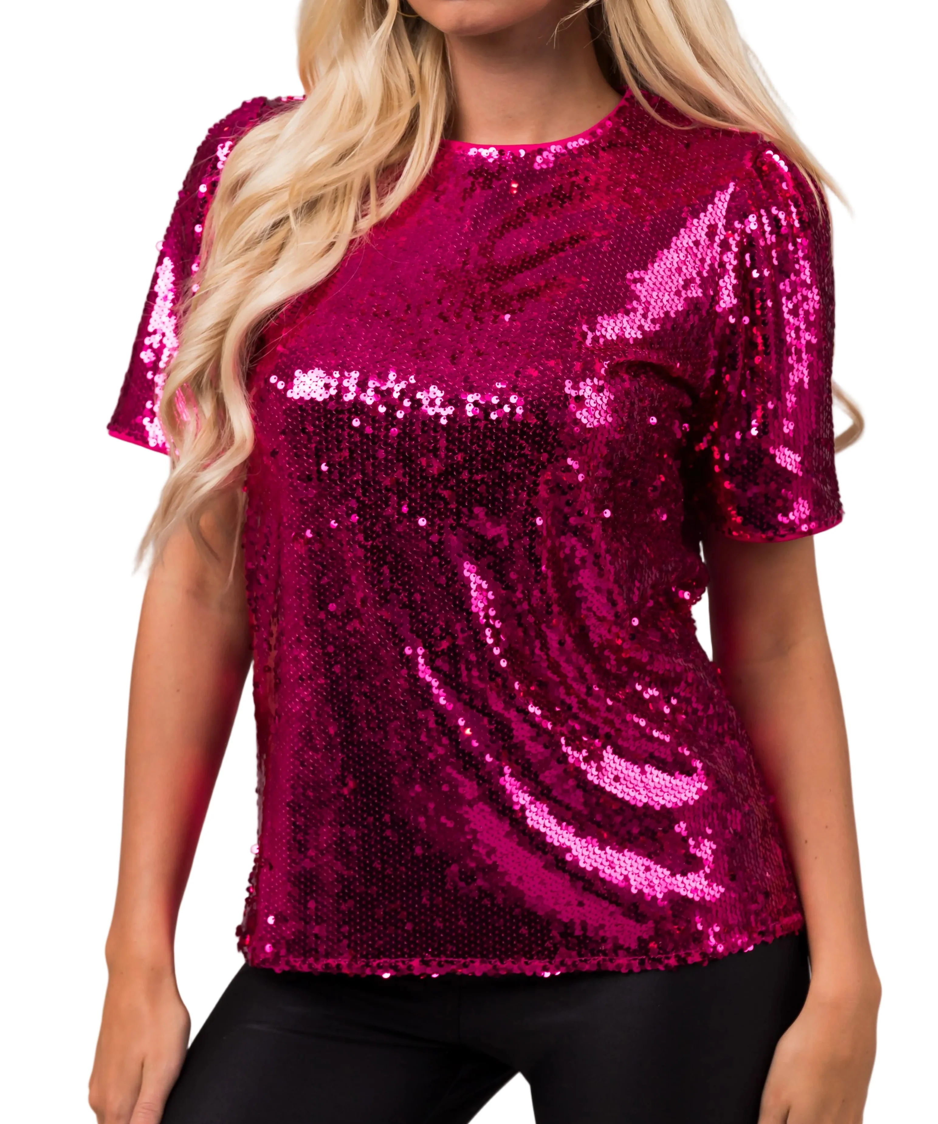 Fuchsia Short Sleeve Sequined Top