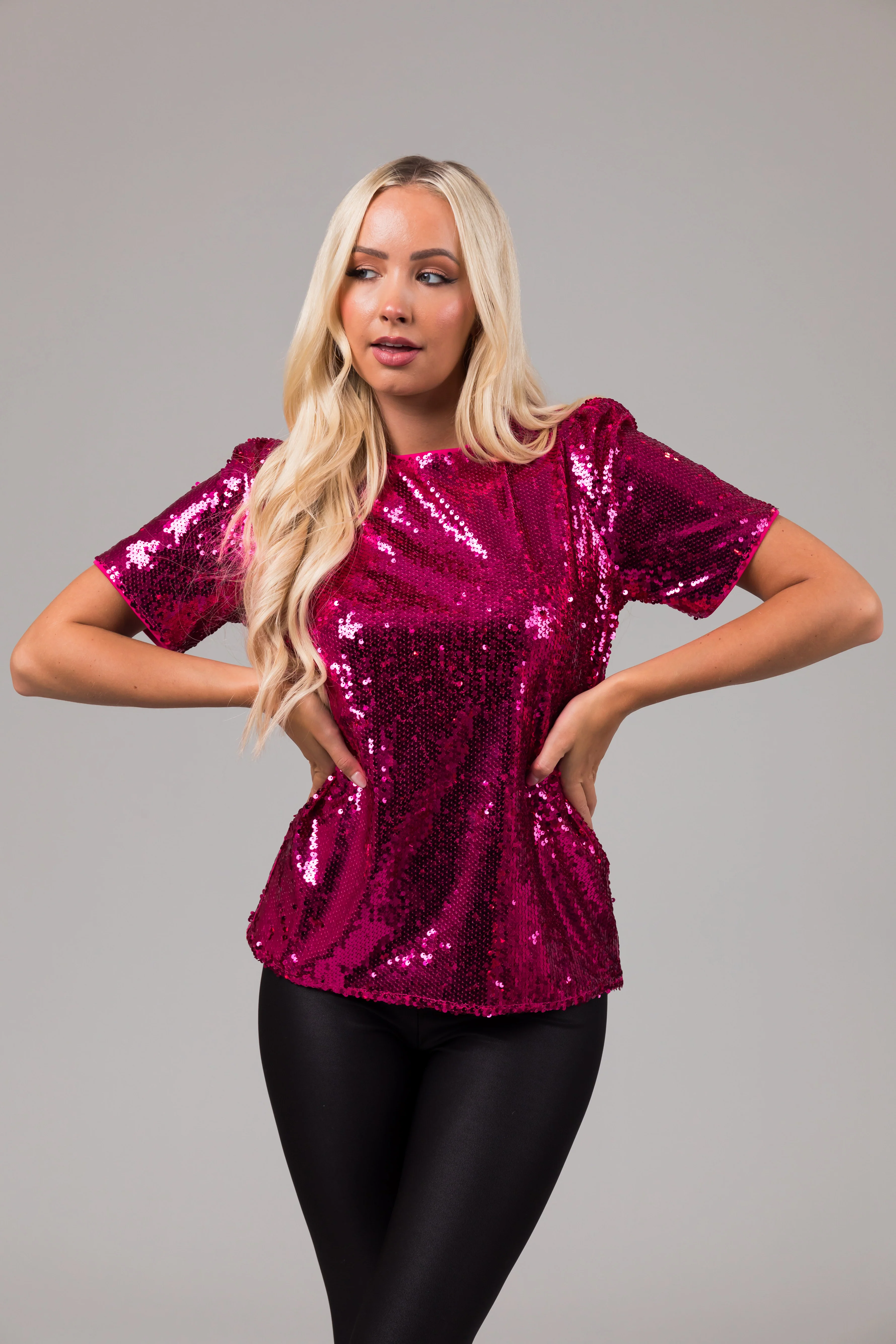 Fuchsia Short Sleeve Sequined Top - Image 3