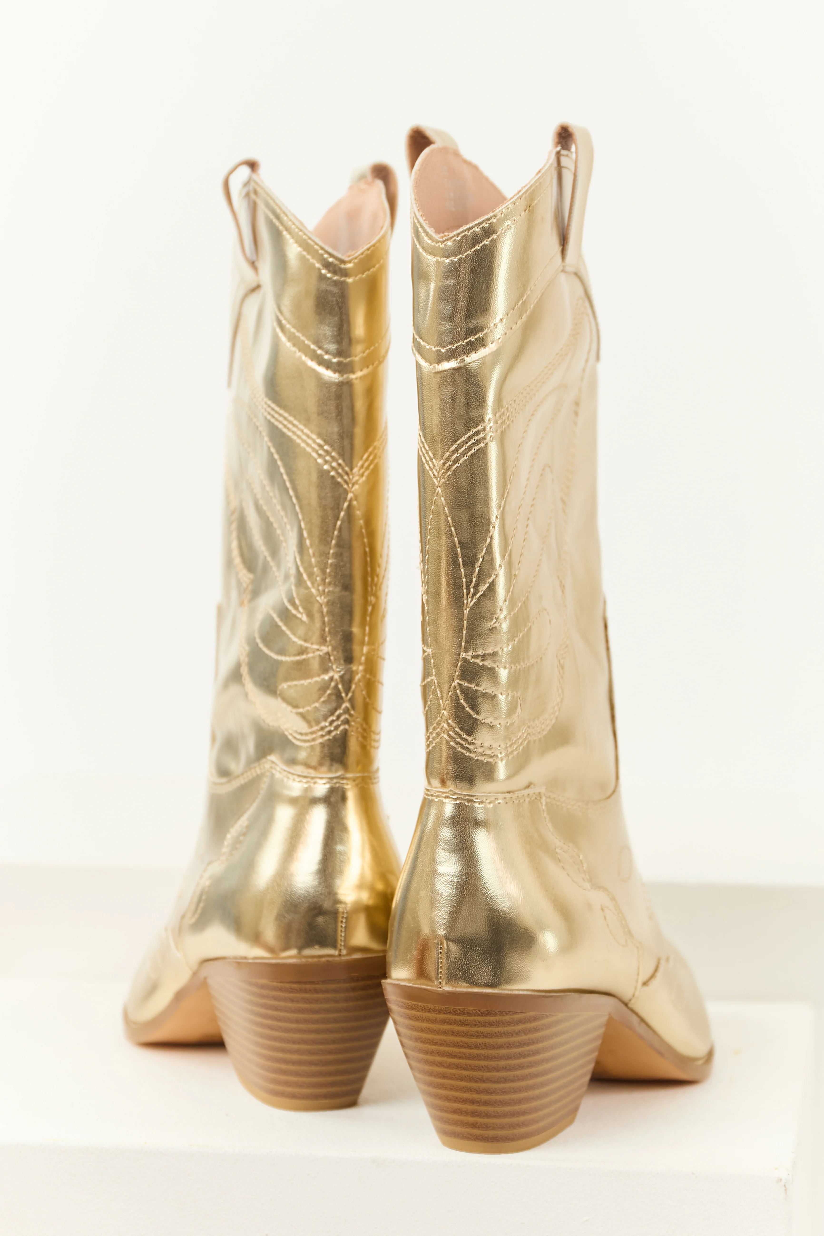 Gold Faux Leather Pointed Toe Cowboy Boots - Image 4