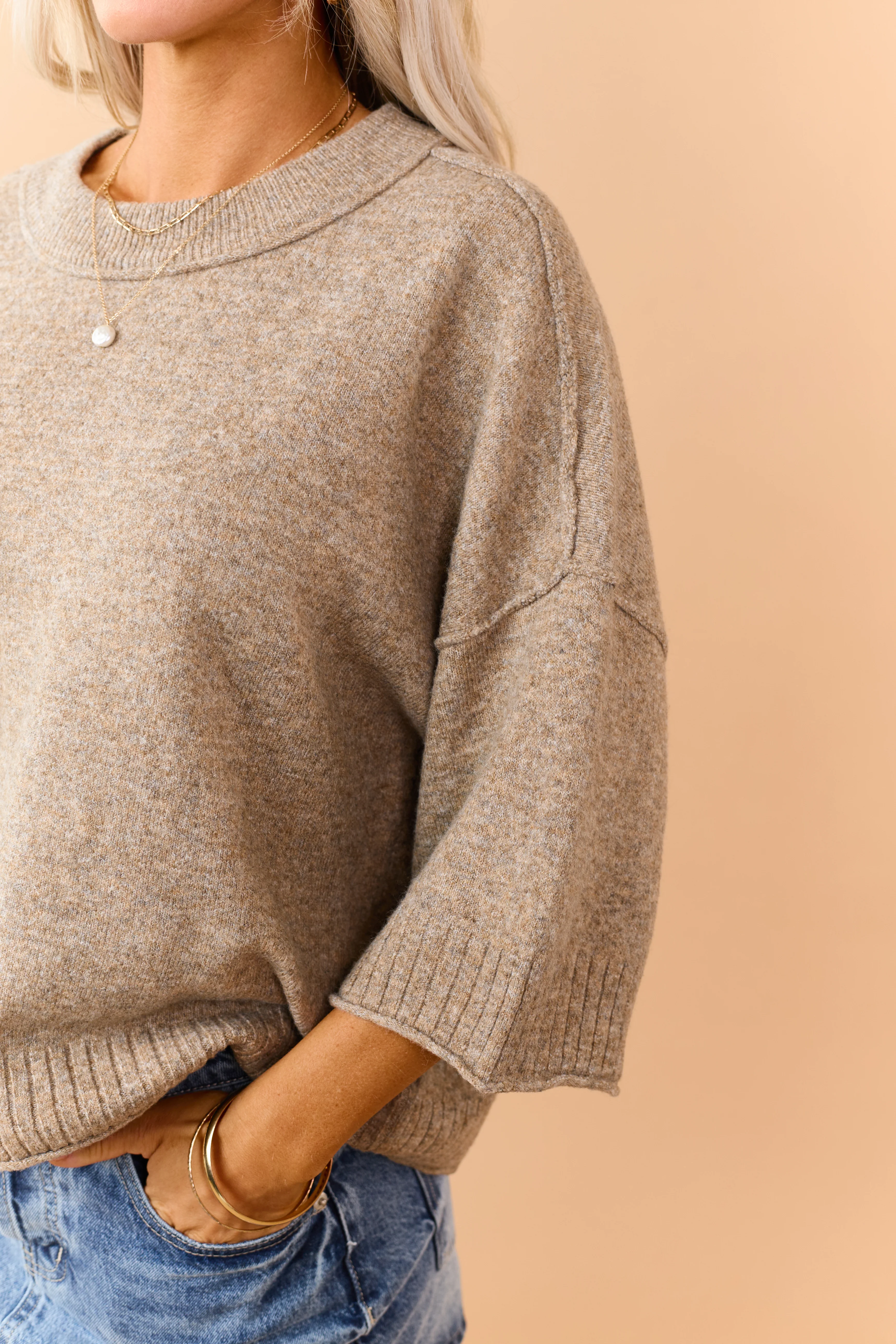 Heathered Khaki Relaxed Half Sleeve Sweater - Image 6