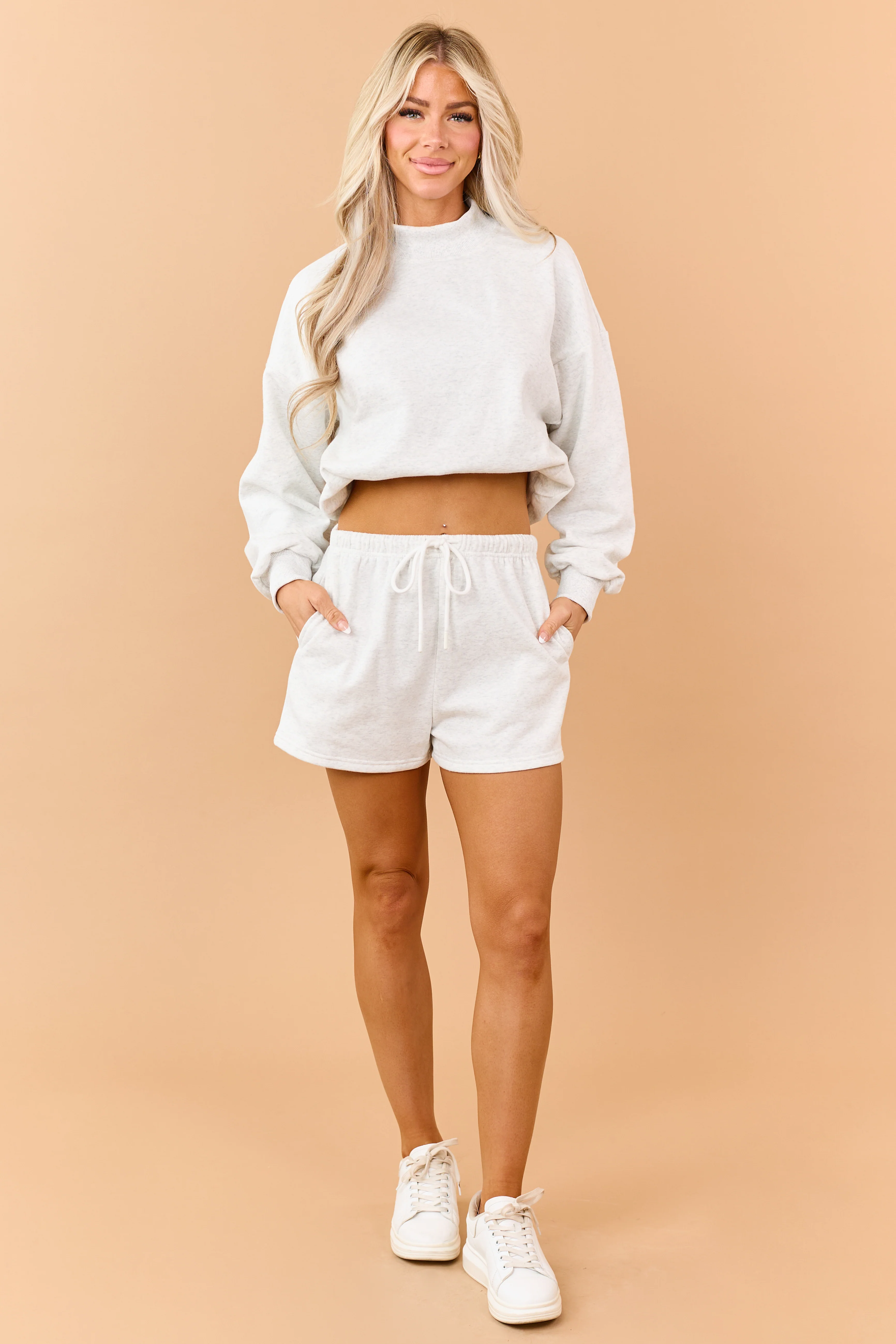 Heathered Vanilla Sweatshirt and Shorts Knit Set - Image 3