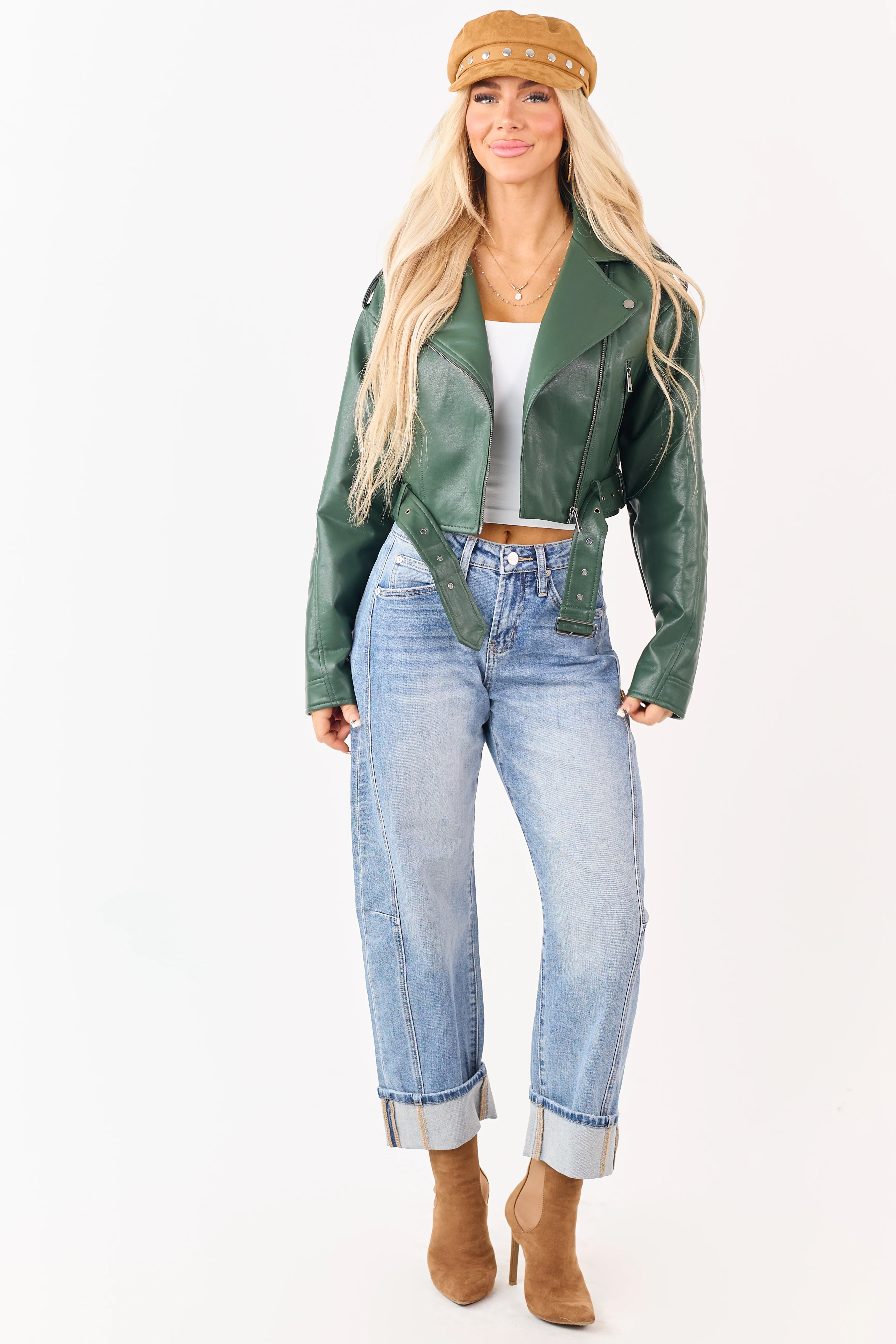 Hunter Green Faux Leather Zip Up Cropped Jacket - Image 4