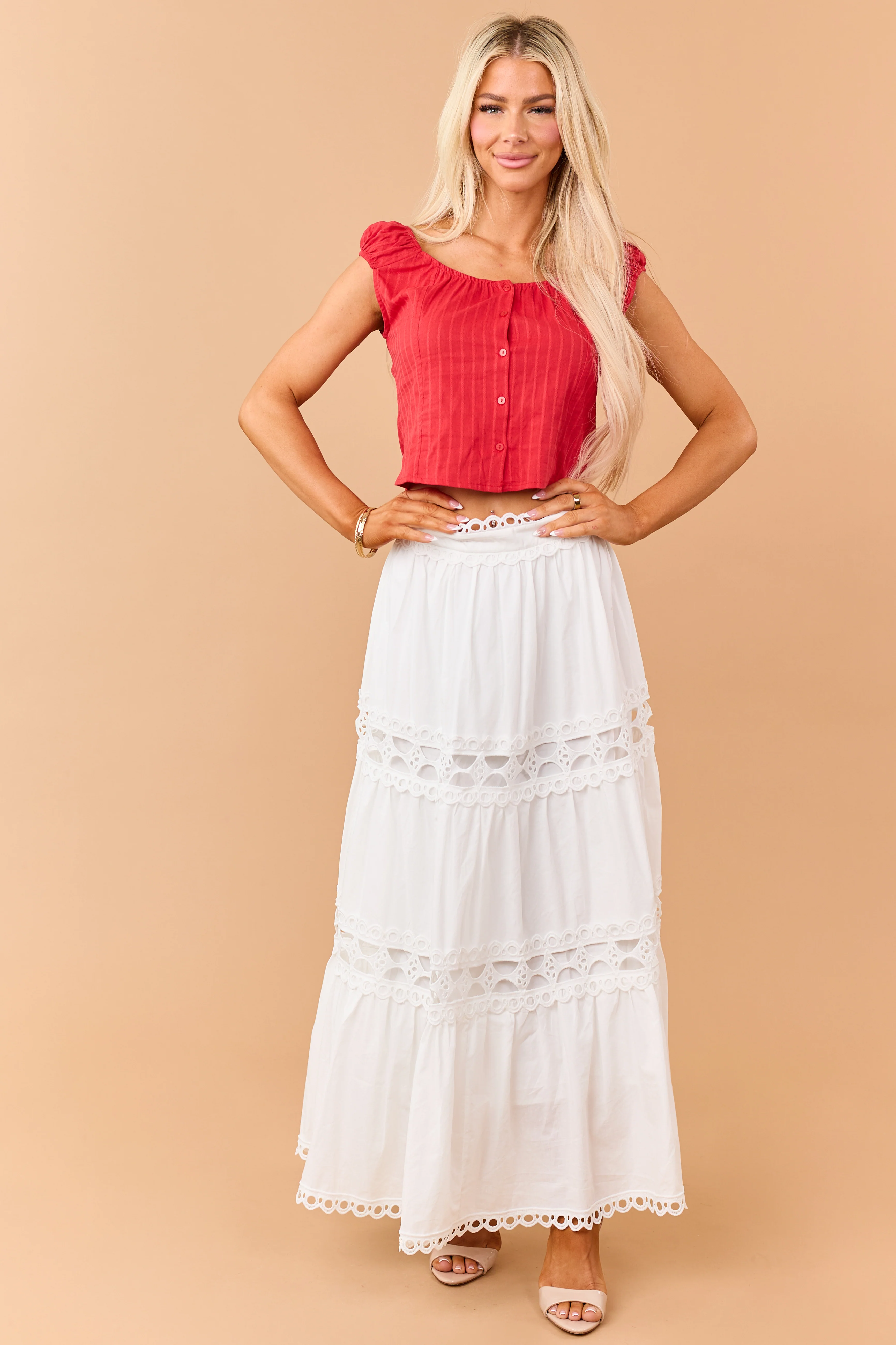 Ivory Cotton Eyelet Lace Tiered Maxi Skirt - Image 5