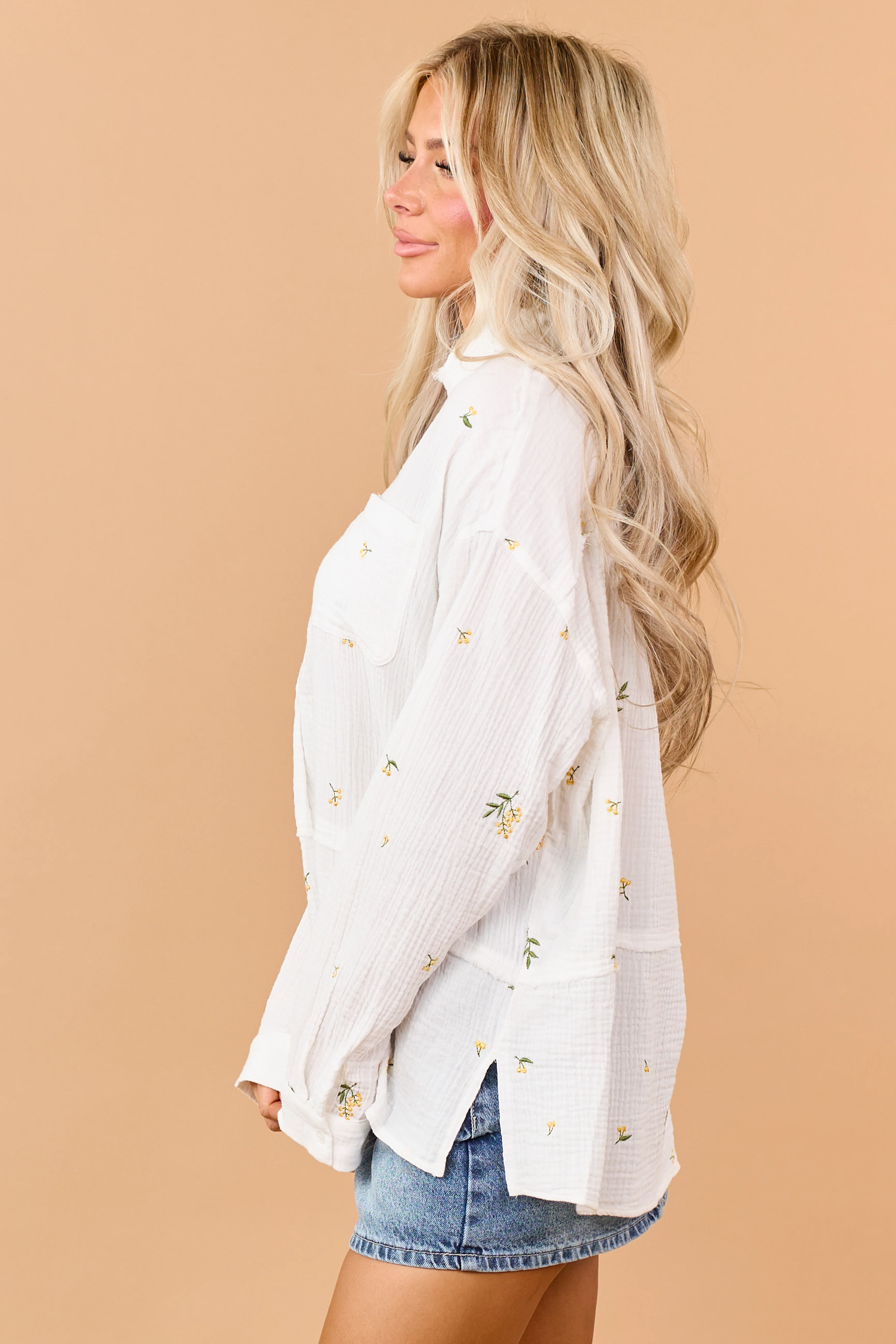 Ivory Cotton Floral Embroidered Long Sleeve Top - Image 4