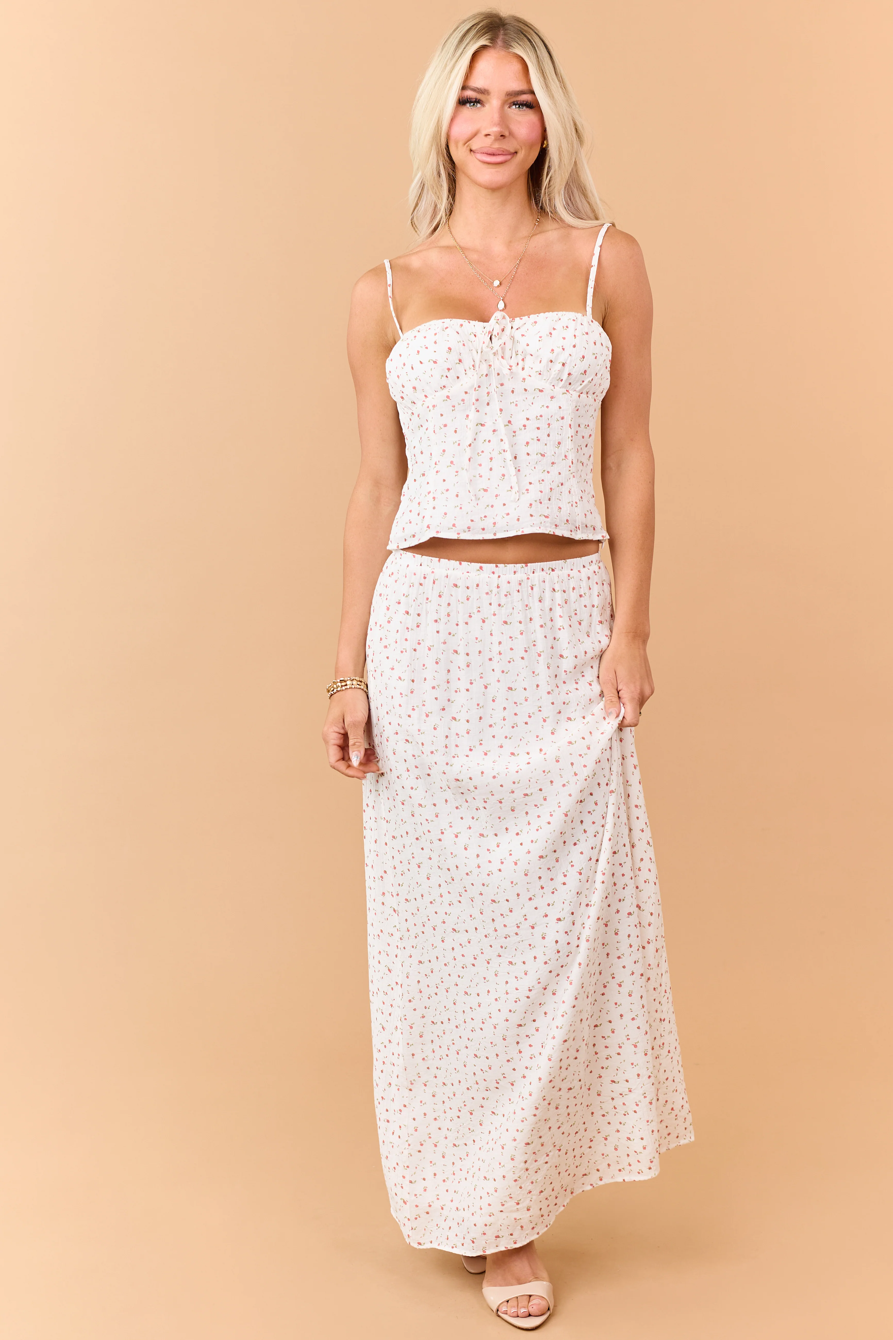 Ivory Ditsy Floral Print Front Tie Tank Top - Image 3