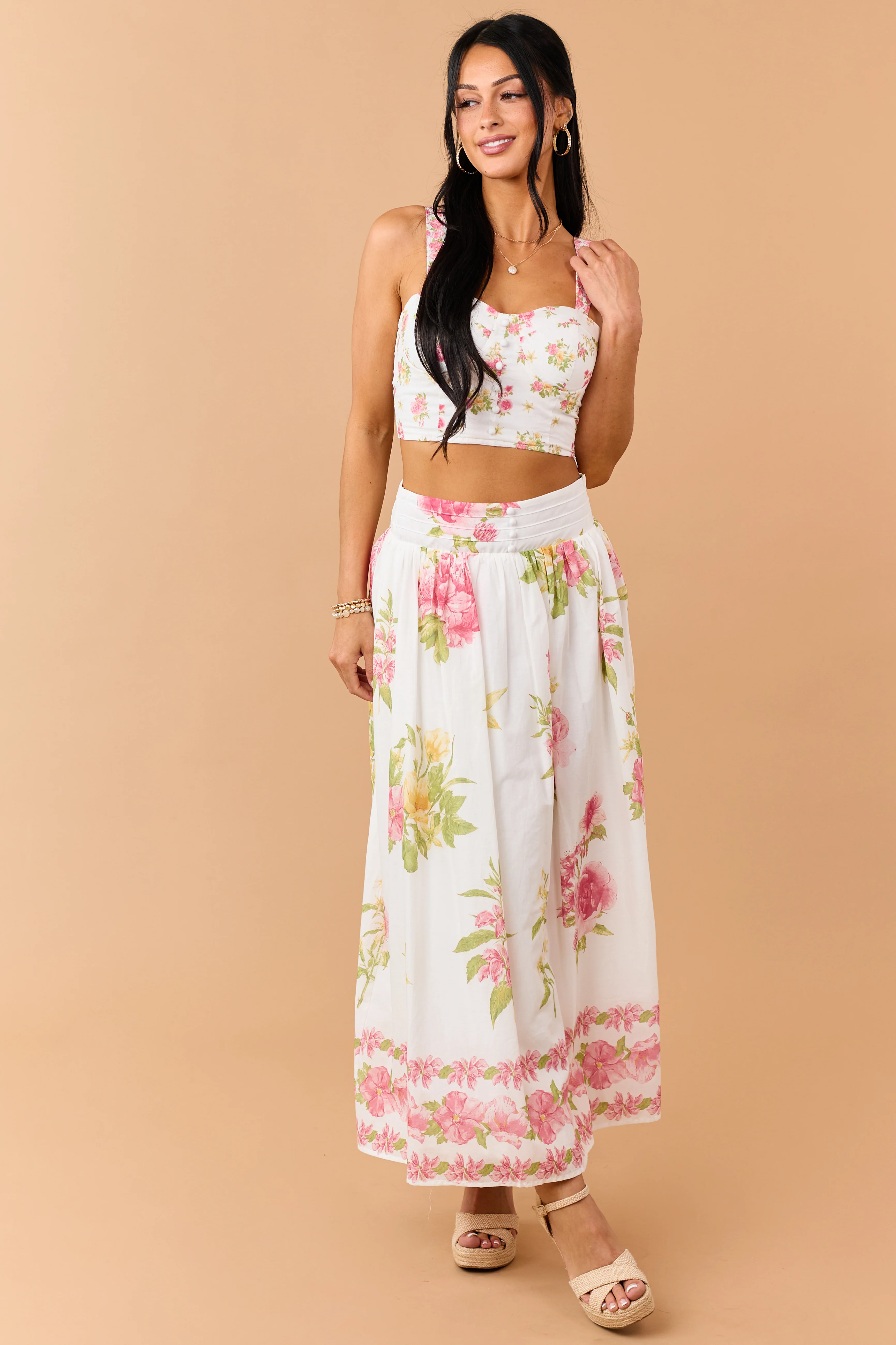 Ivory Floral Print Cotton Crop Top and Skirt Set - Image 4