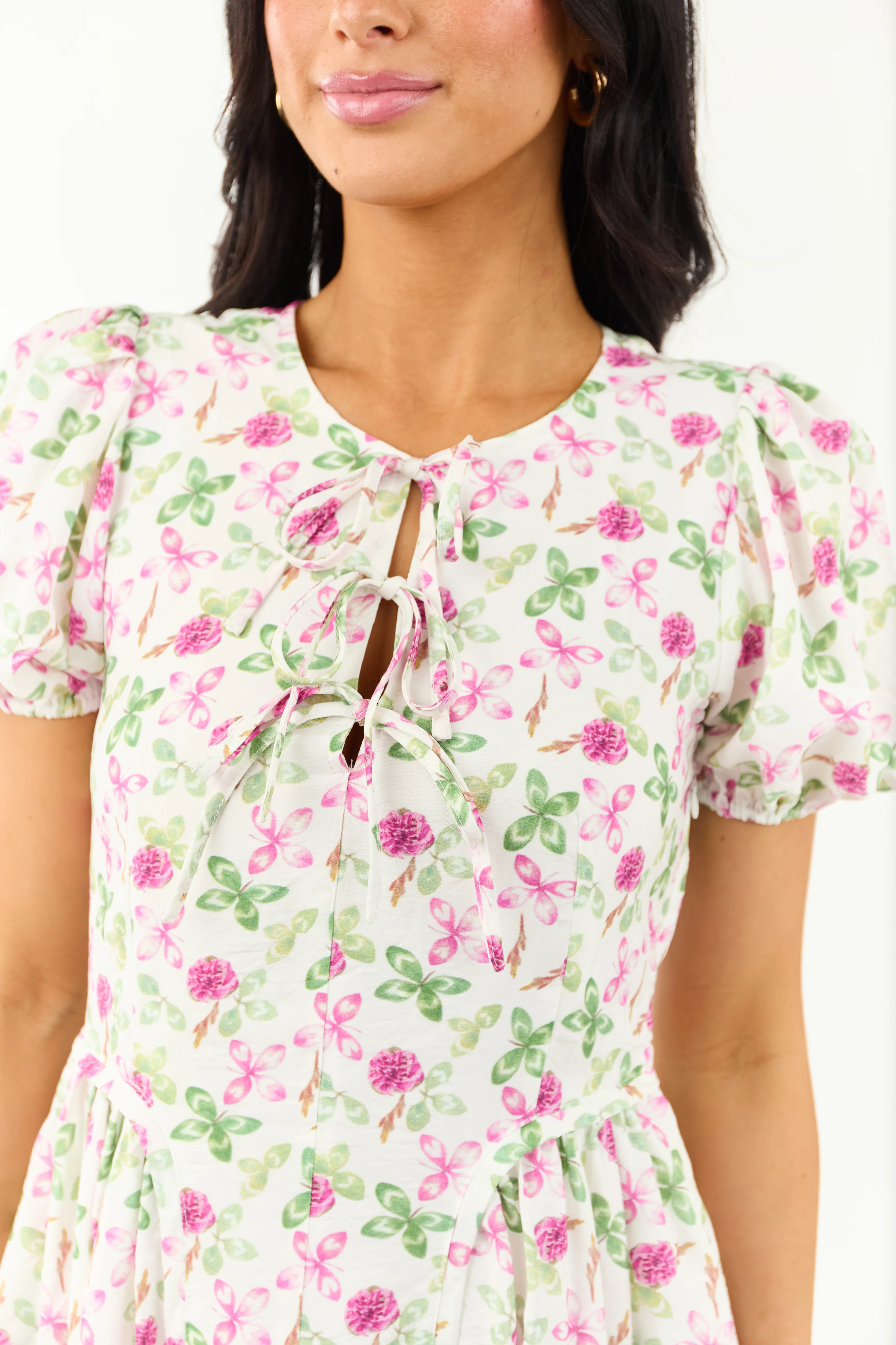 Ivory Floral Print Tie Neckline Puff Sleeve Mini Dress - Image 2