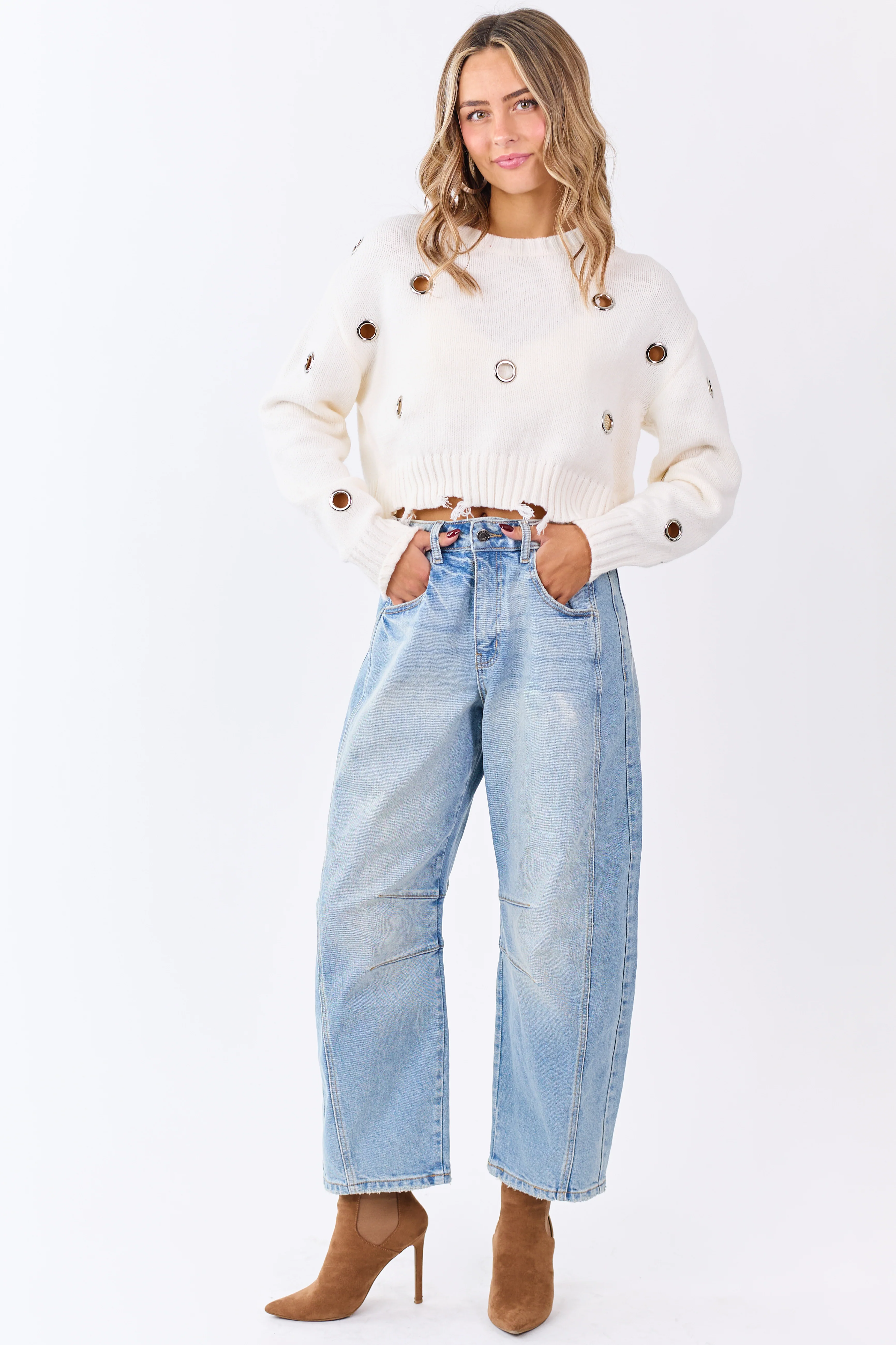 Ivory Large Grommet Cropped Knit Sweater - Image 2