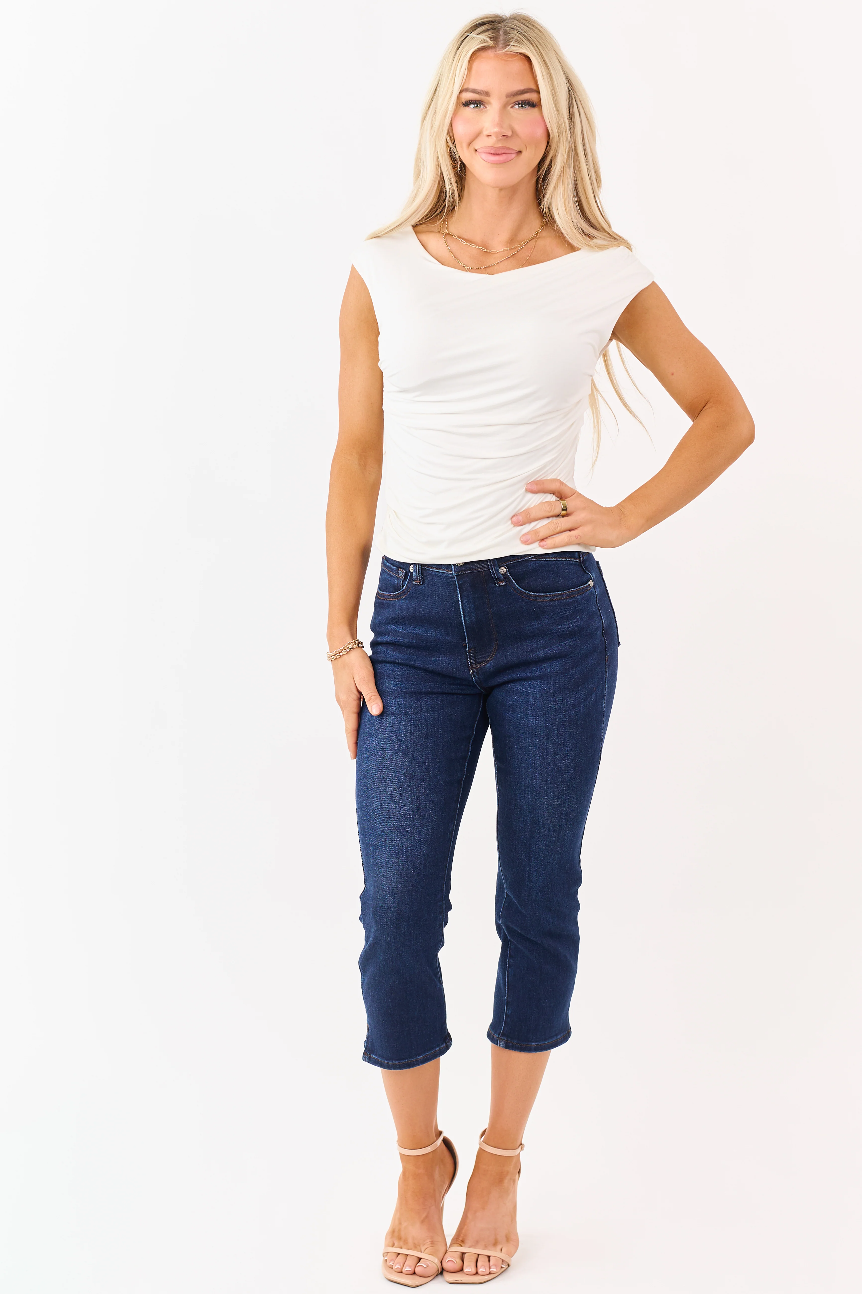 Ivory Ruched Double Layer Boatneck Knit Top - Image 2
