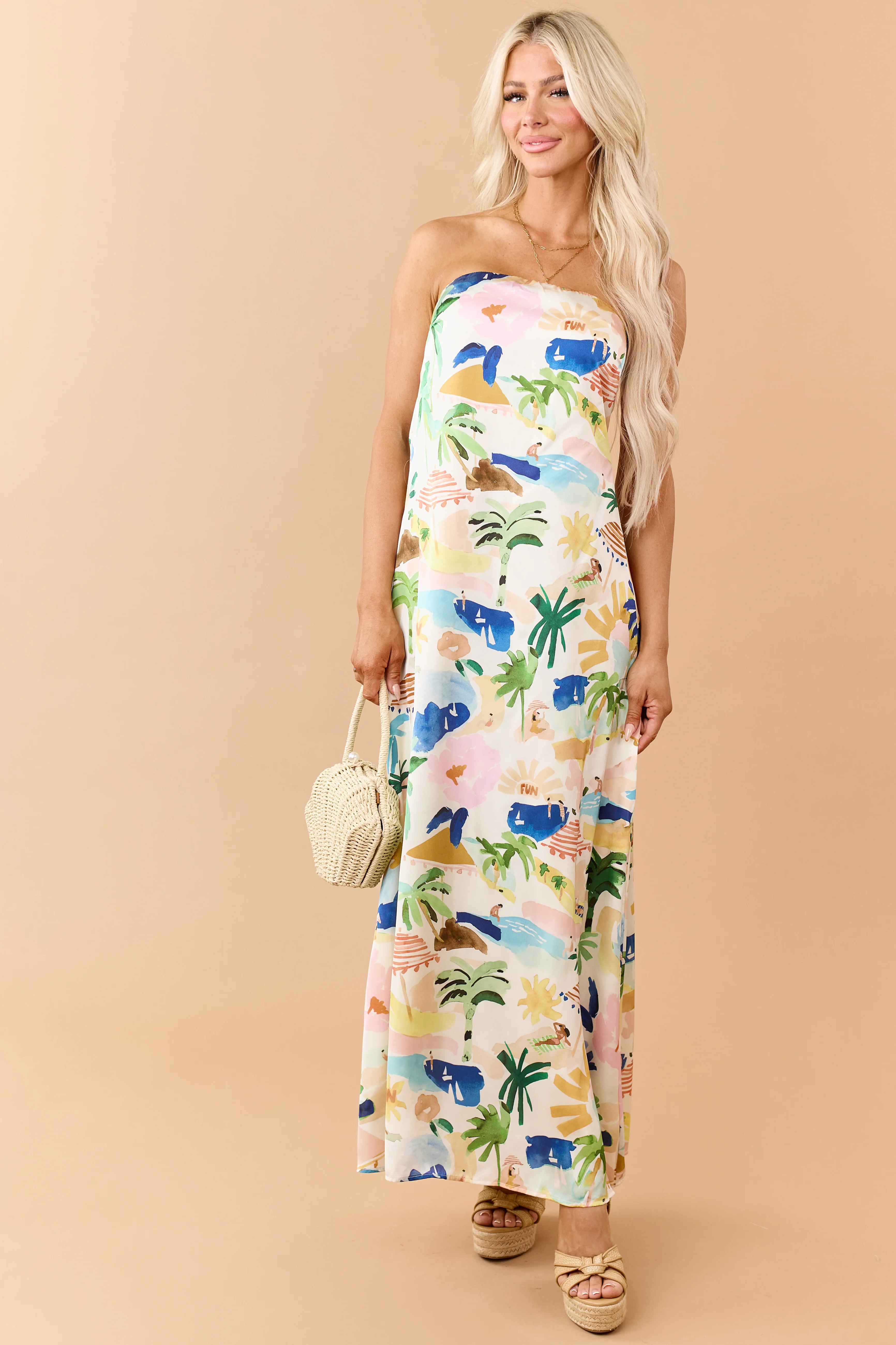 Ivory Satin Vacation Print Strapless Maxi Dress - Image 2