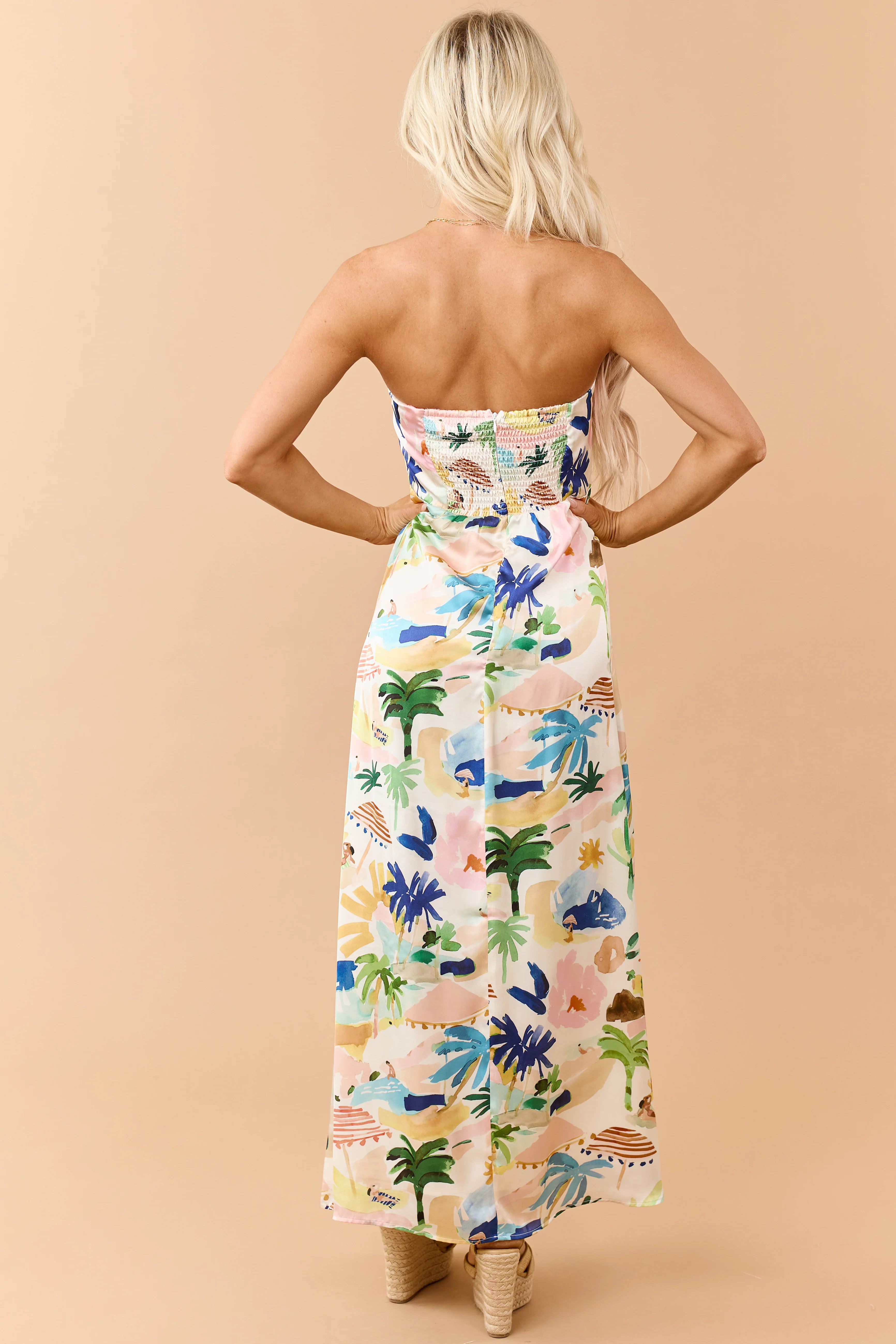 Ivory Satin Vacation Print Strapless Maxi Dress - Image 5