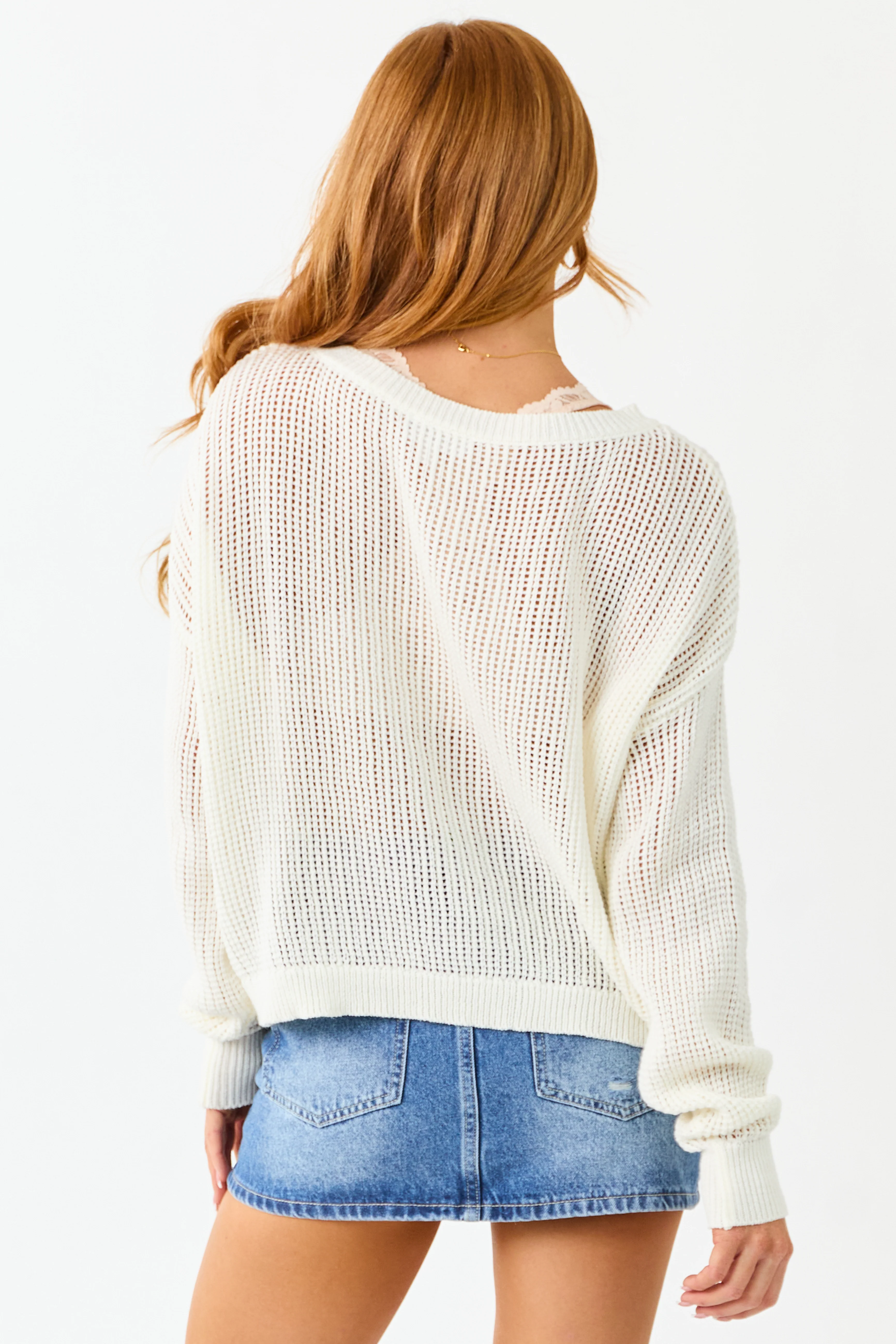 Ivory Teddy Bear Graphic Open Knit Sweater - Image 6