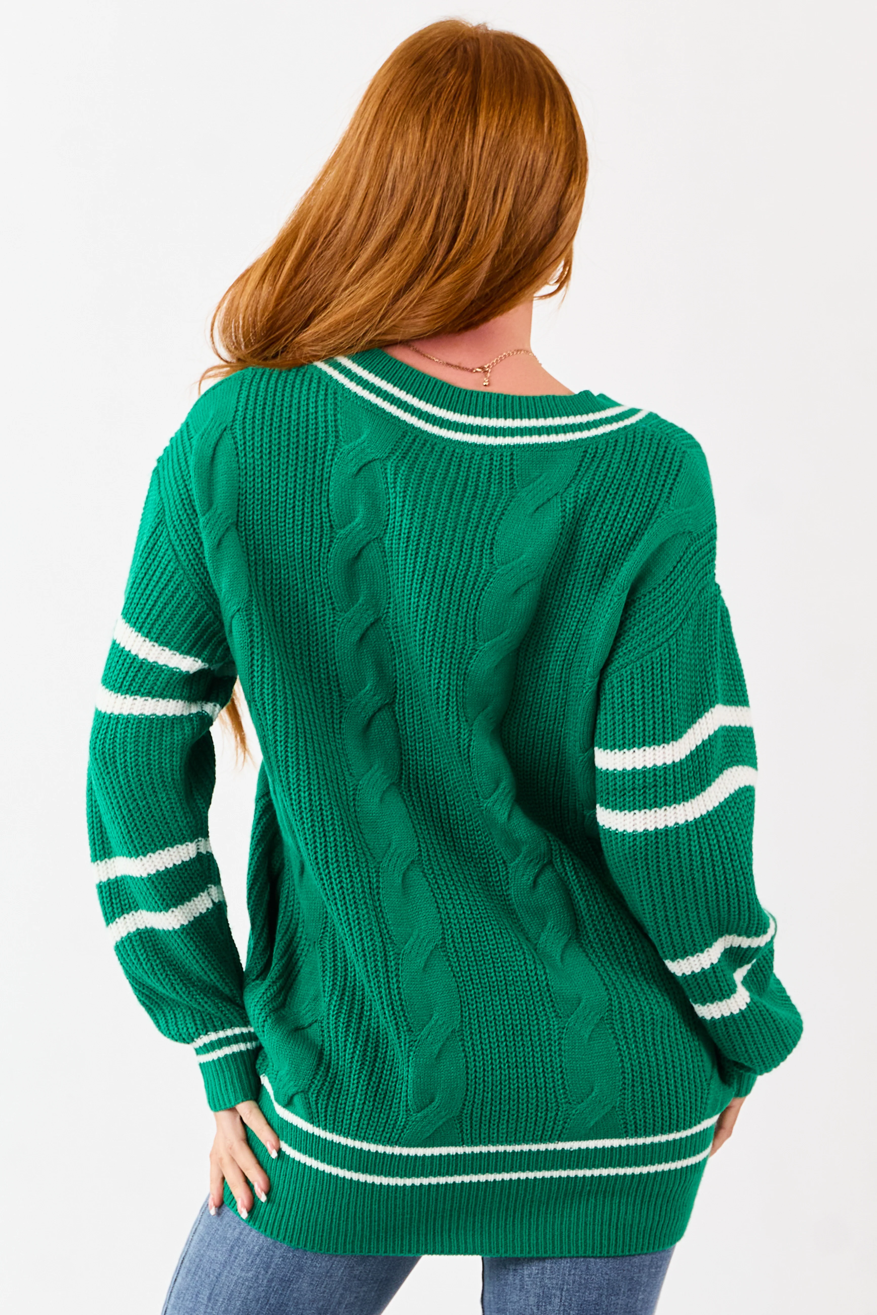Jade Cable Knit Striped V-Neck Sweater - Image 7
