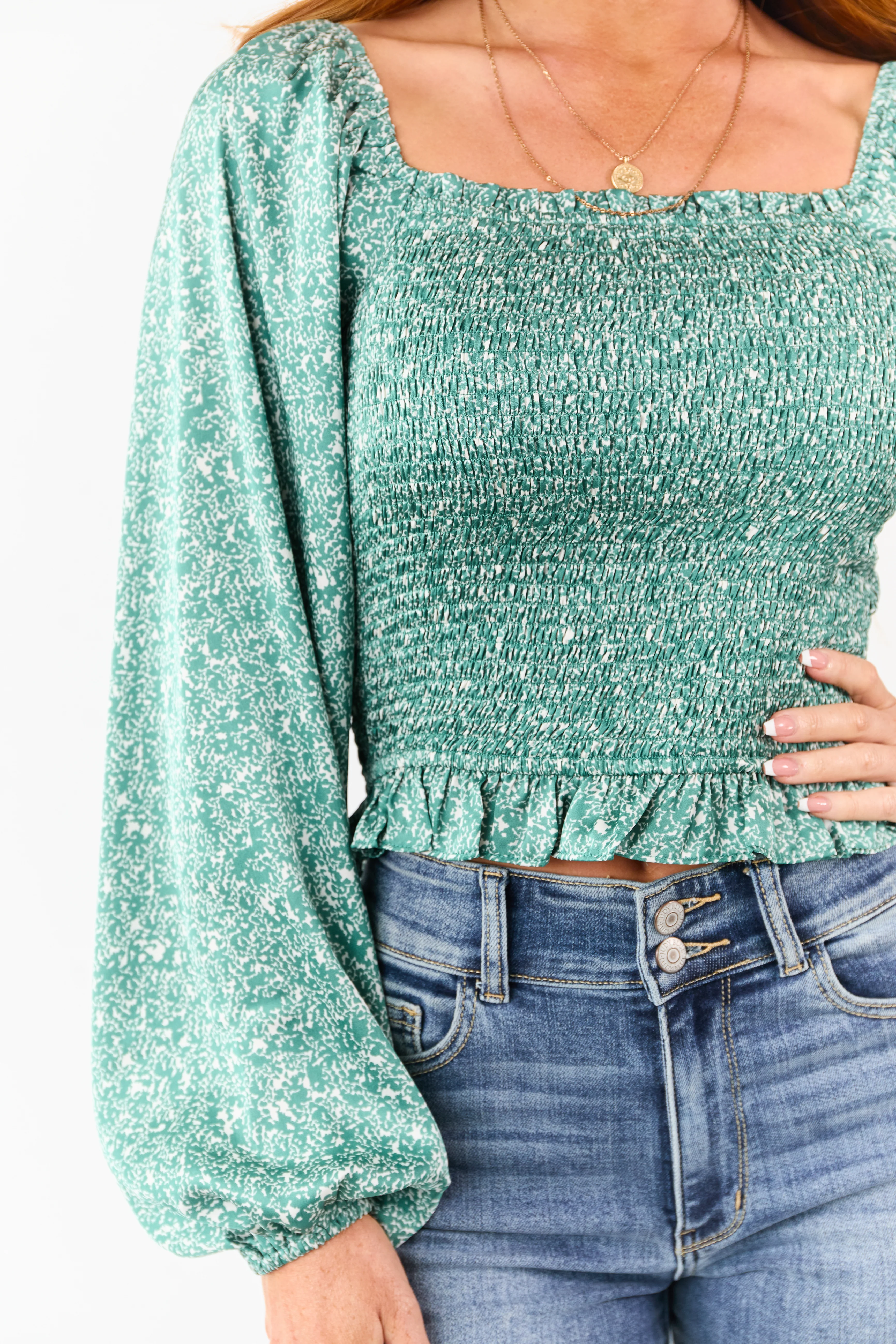 Juniper Abstract Print Satin Smocked Long Sleeve Top - Image 6