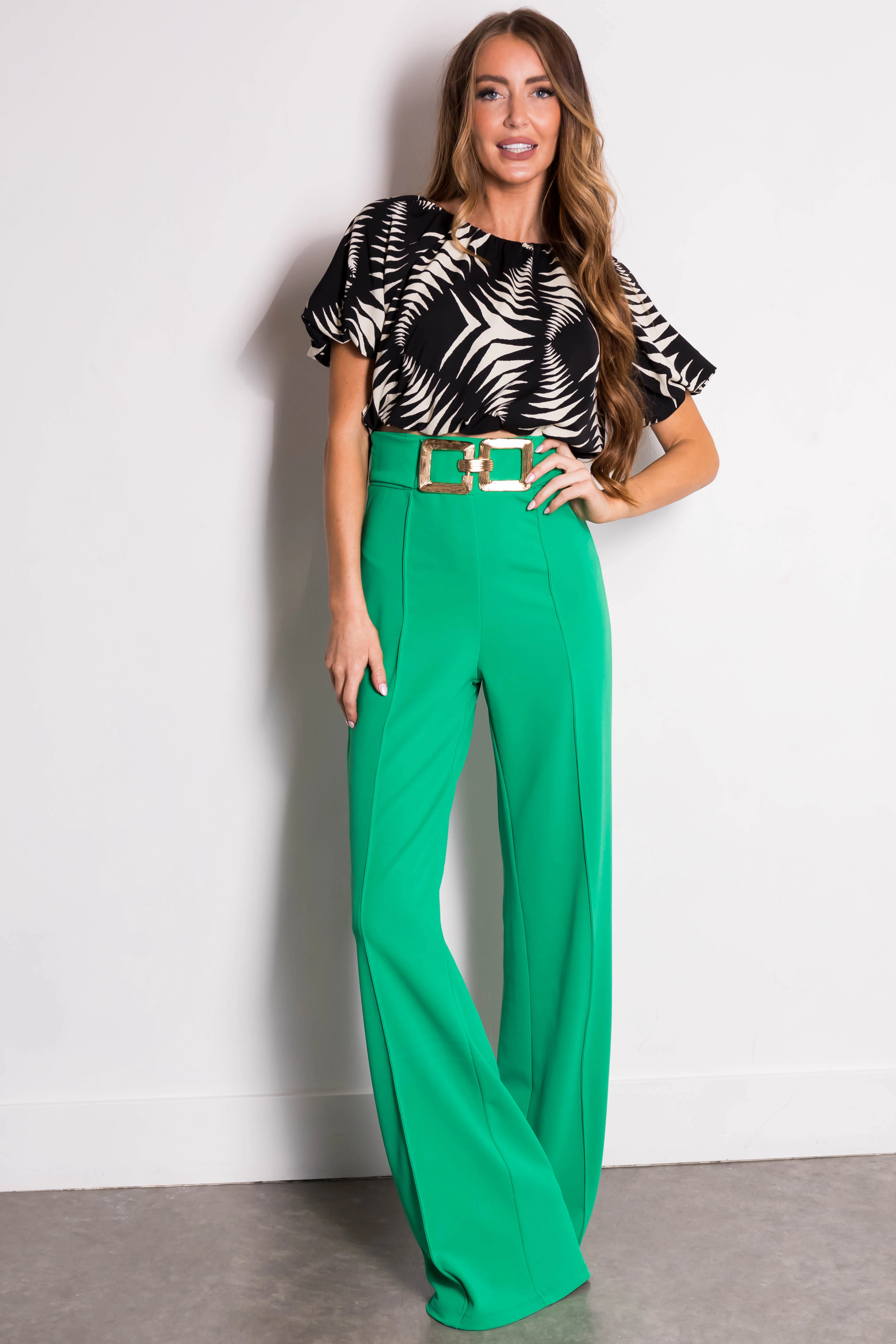 Kelly Green Gold Buckle Wide Leg Pants - Image 5