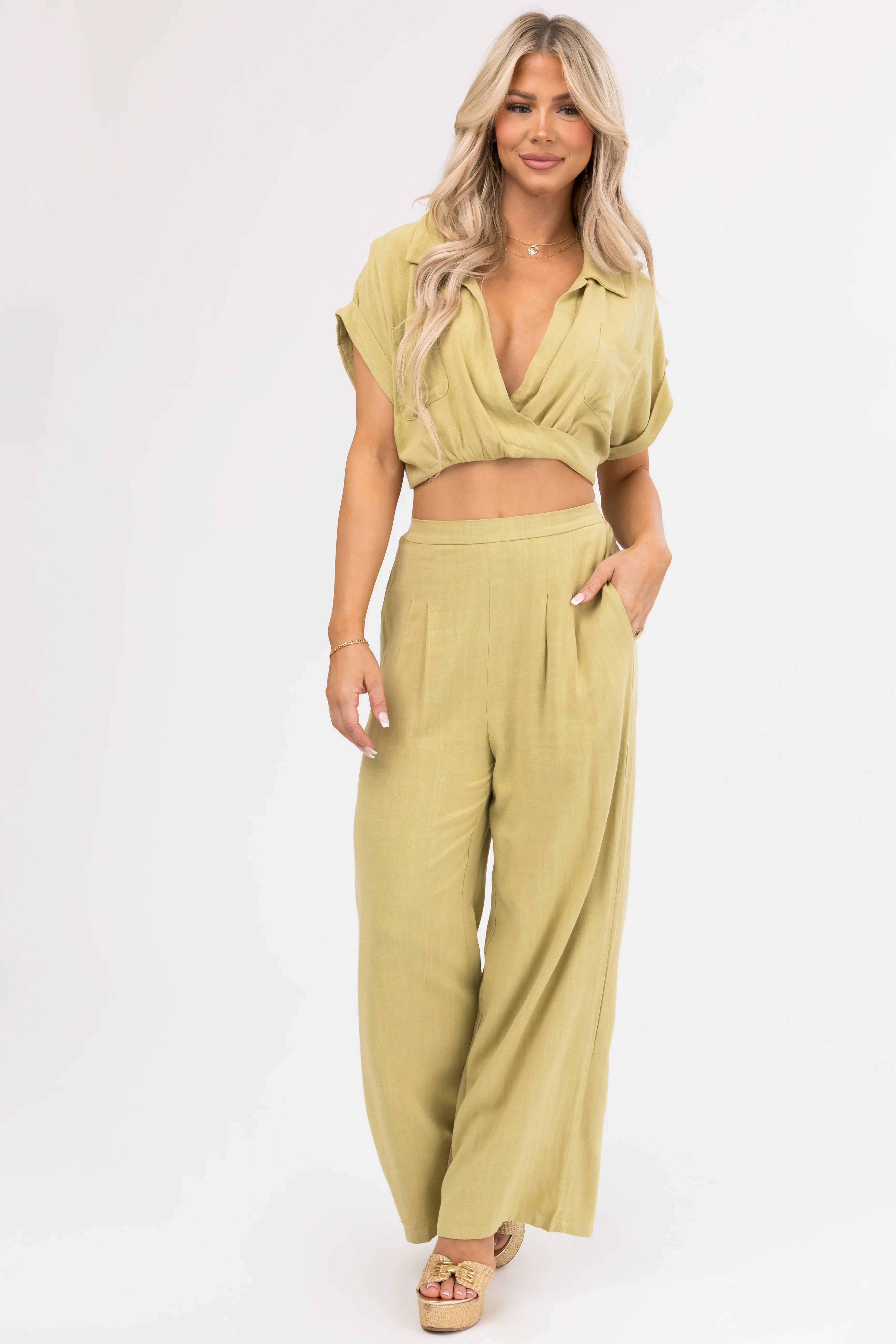 Key Lime Crop Top and Wide Leg Pants Set - Image 3