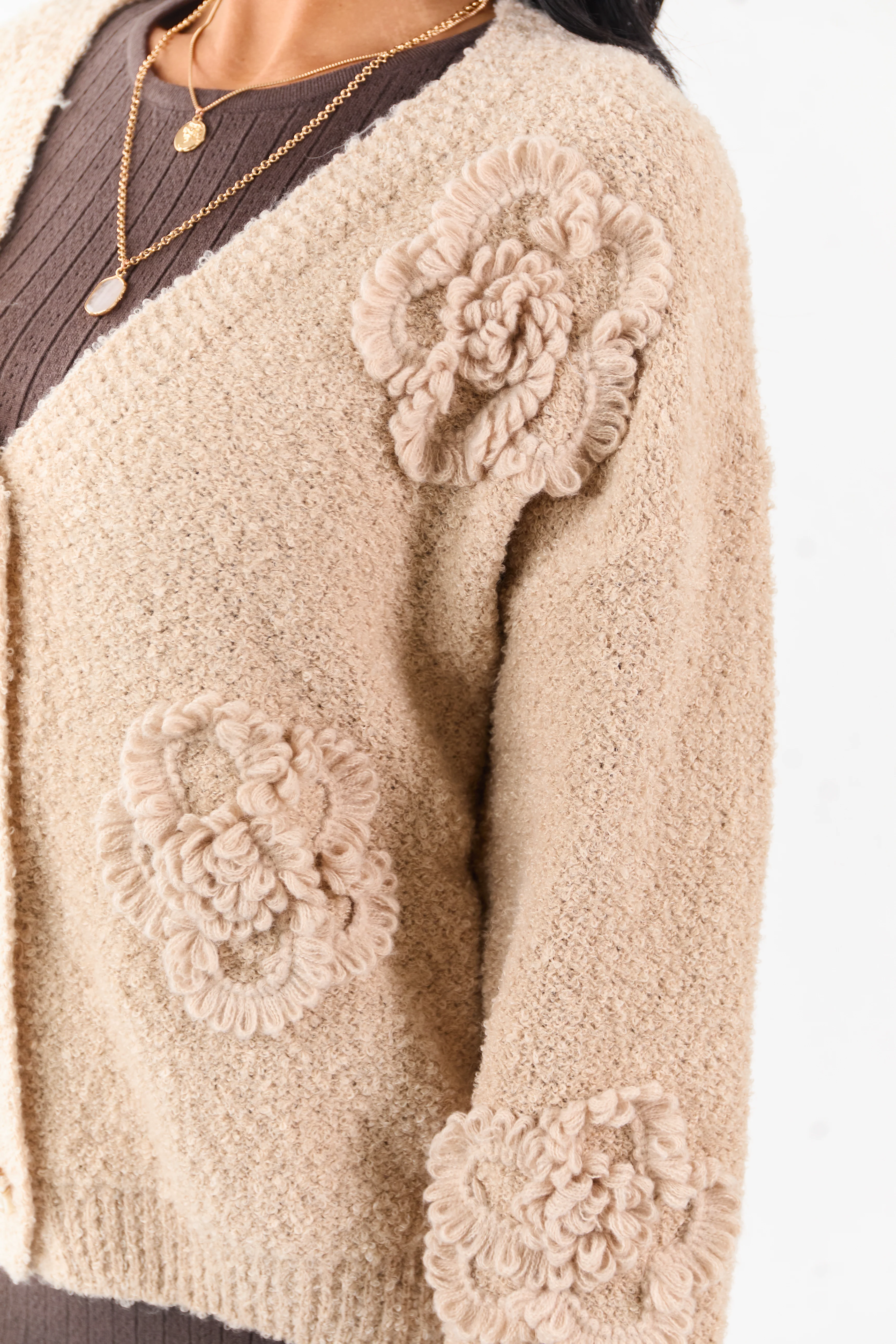 Khaki 3D Floral Applique Button Down Cardigan - Image 6