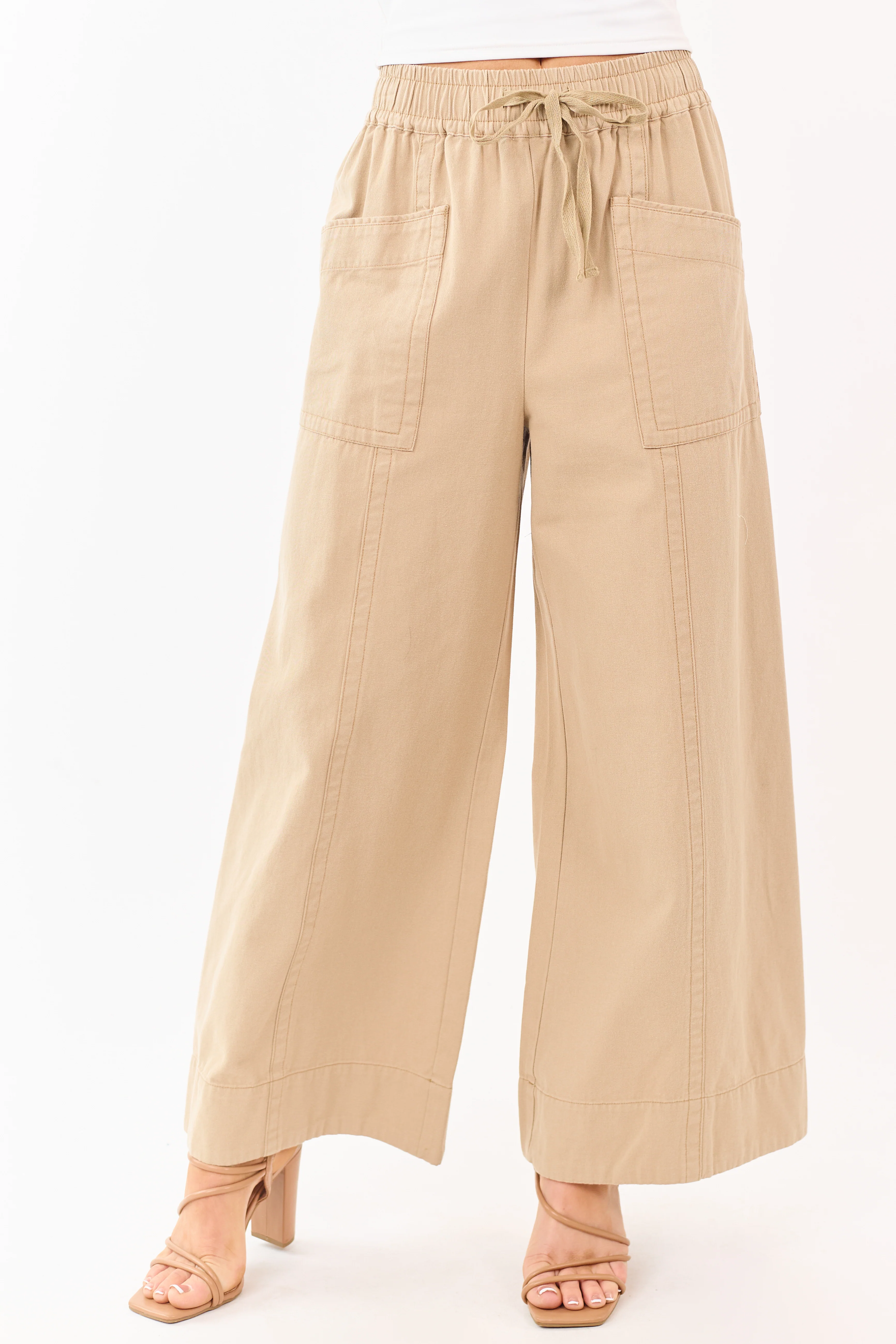 Khaki Elastic Drawstring Waist Wide Leg Twill Pants - Image 2