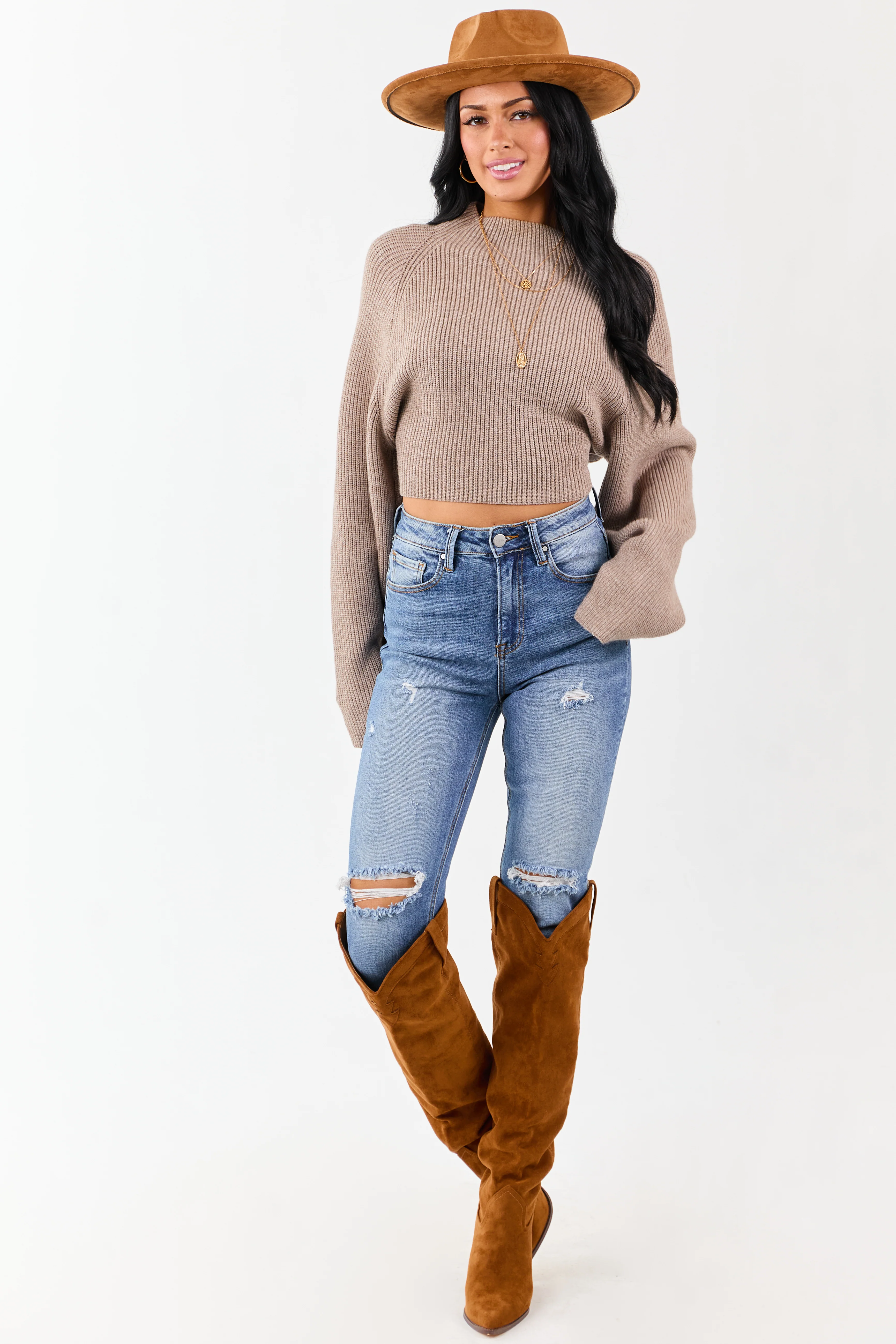 Latte Mock Neck Back Cut Out Ribbed Sweater - Image 5