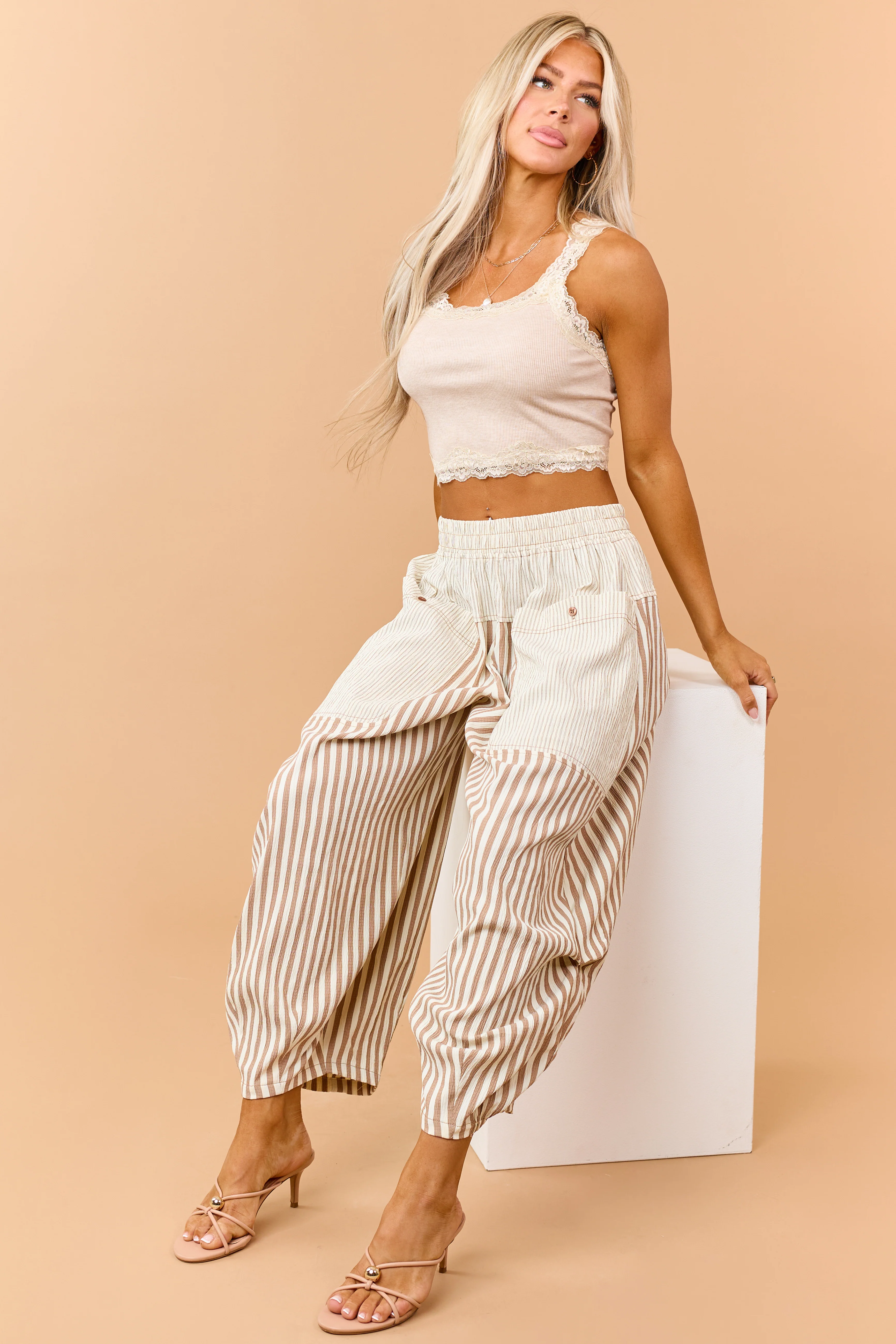 Latte Rib Knit Contrast Lace Trim Tank Top - Image 5