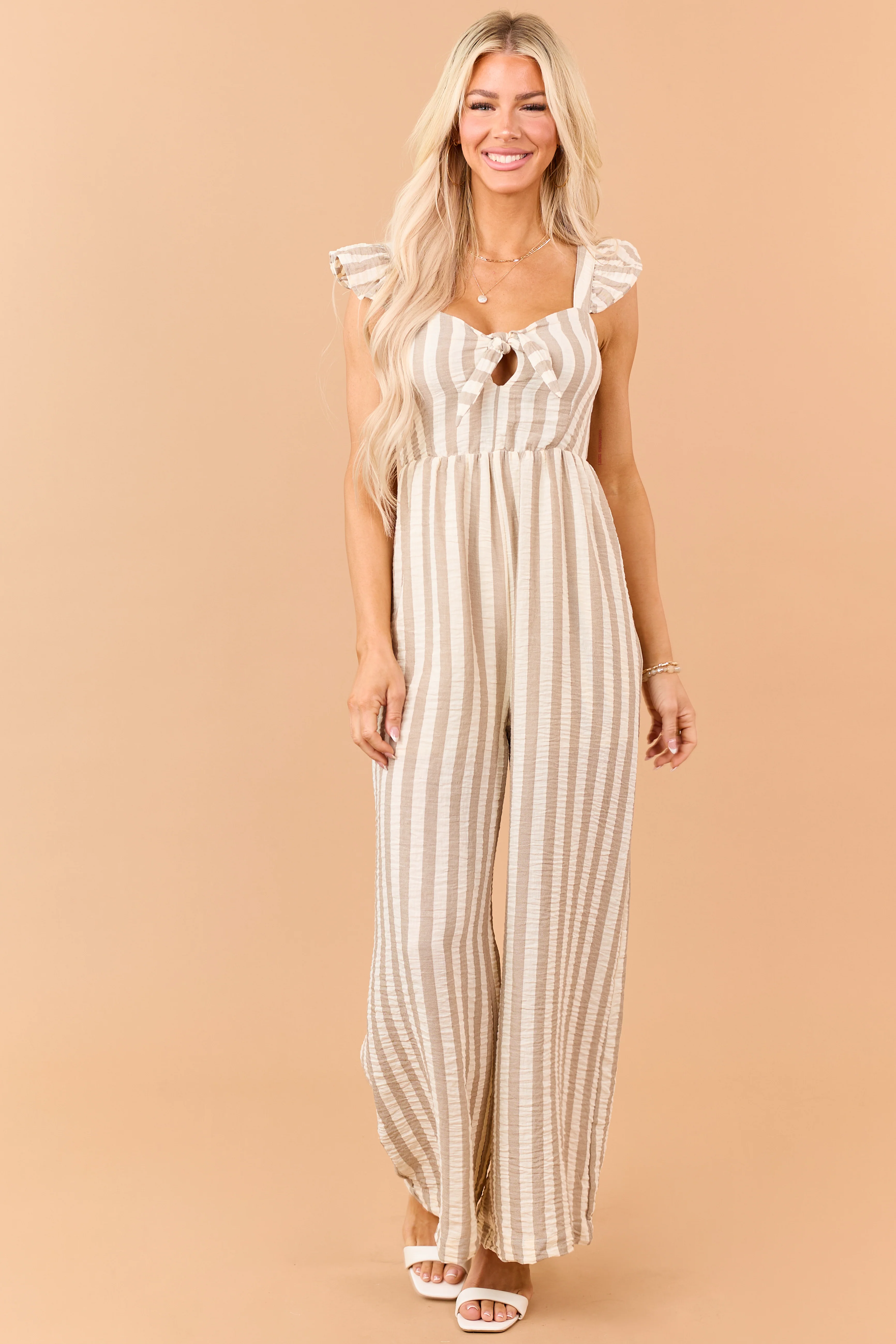 Latte Striped Bust Tie Wide Leg Jumpsuit - Image 4