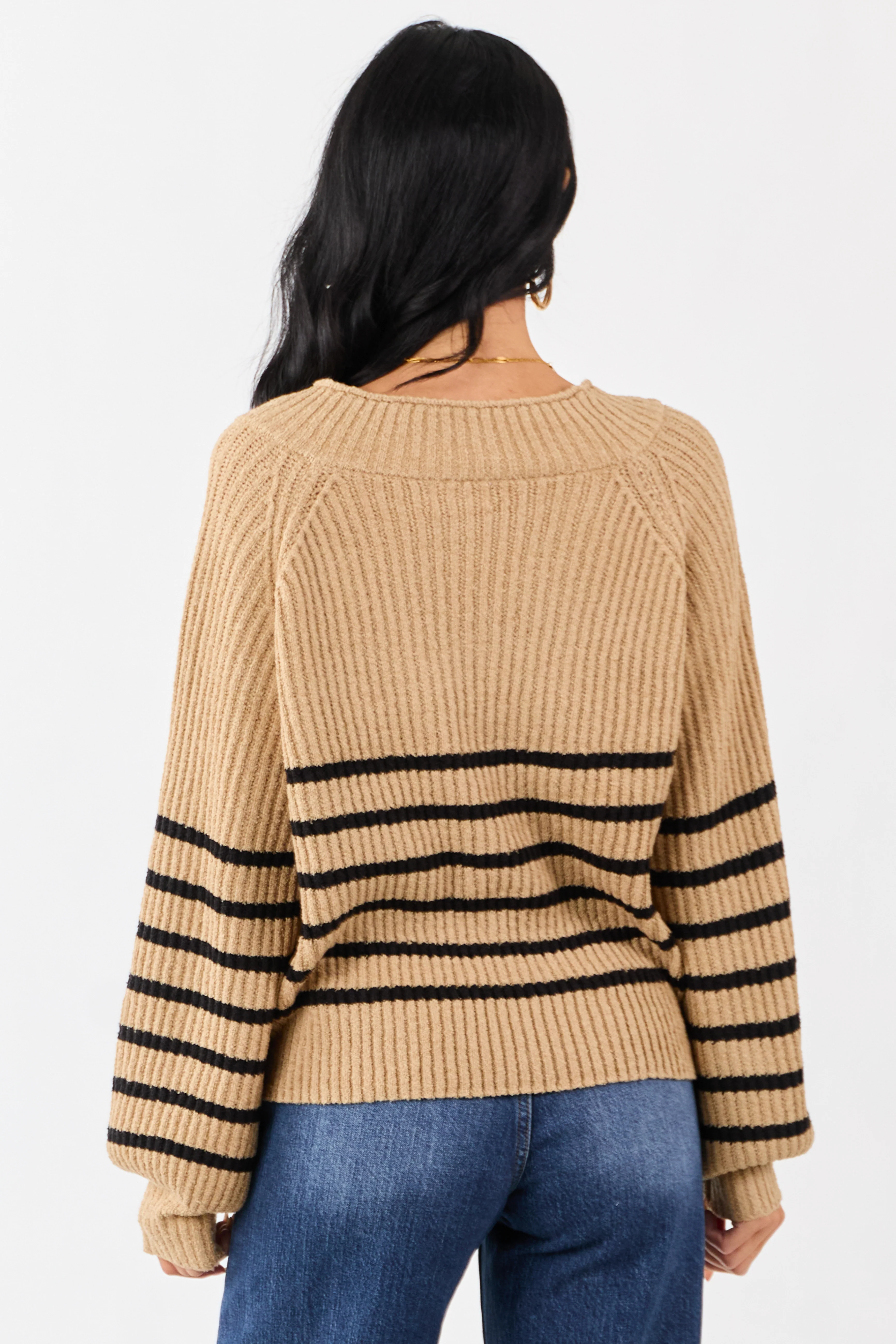 Latte Striped V-Neck Long Puff Sleeve Ribbed Sweater - Image 5