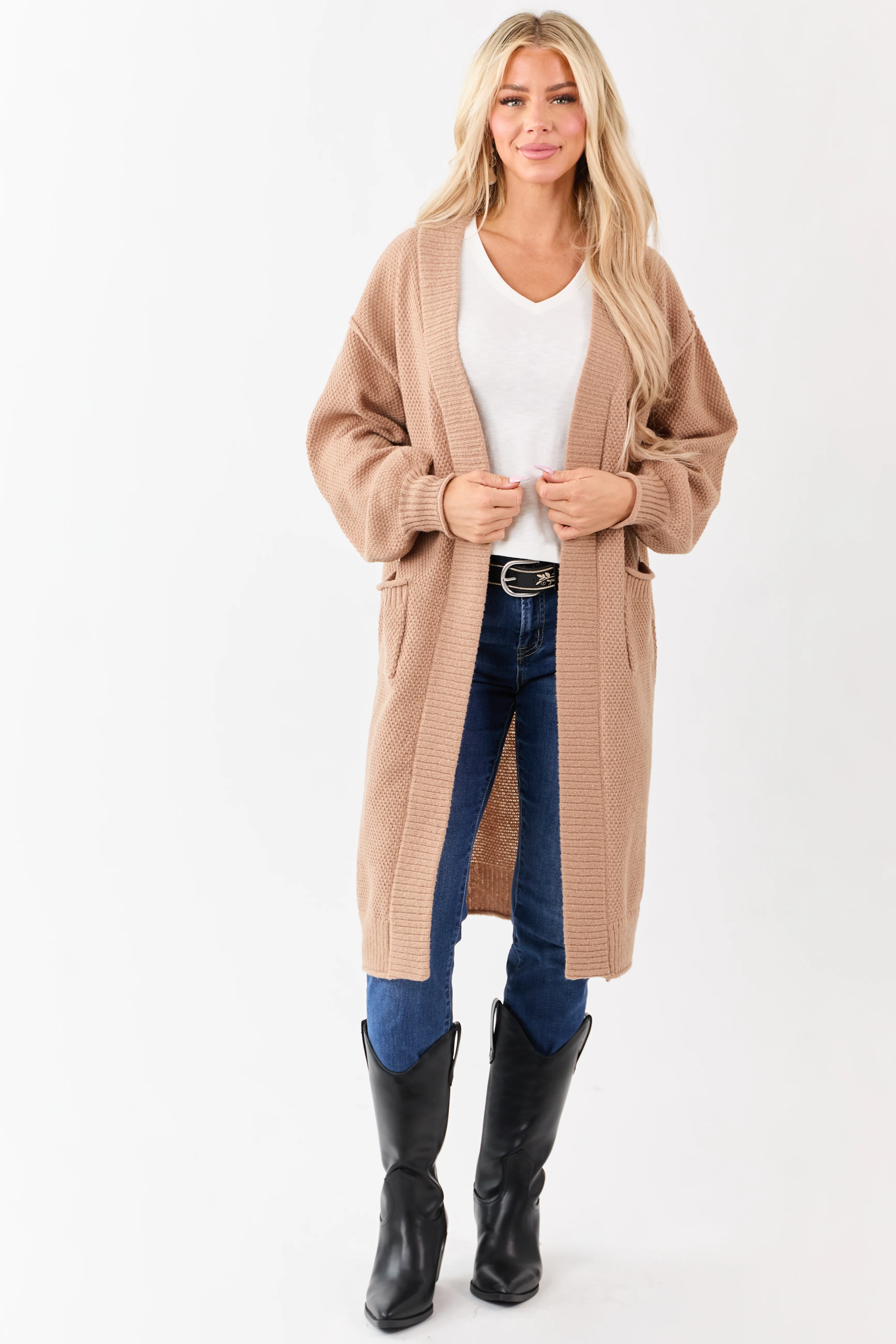 Latte Textured Knit Open Front Duster Cardigan - Image 2