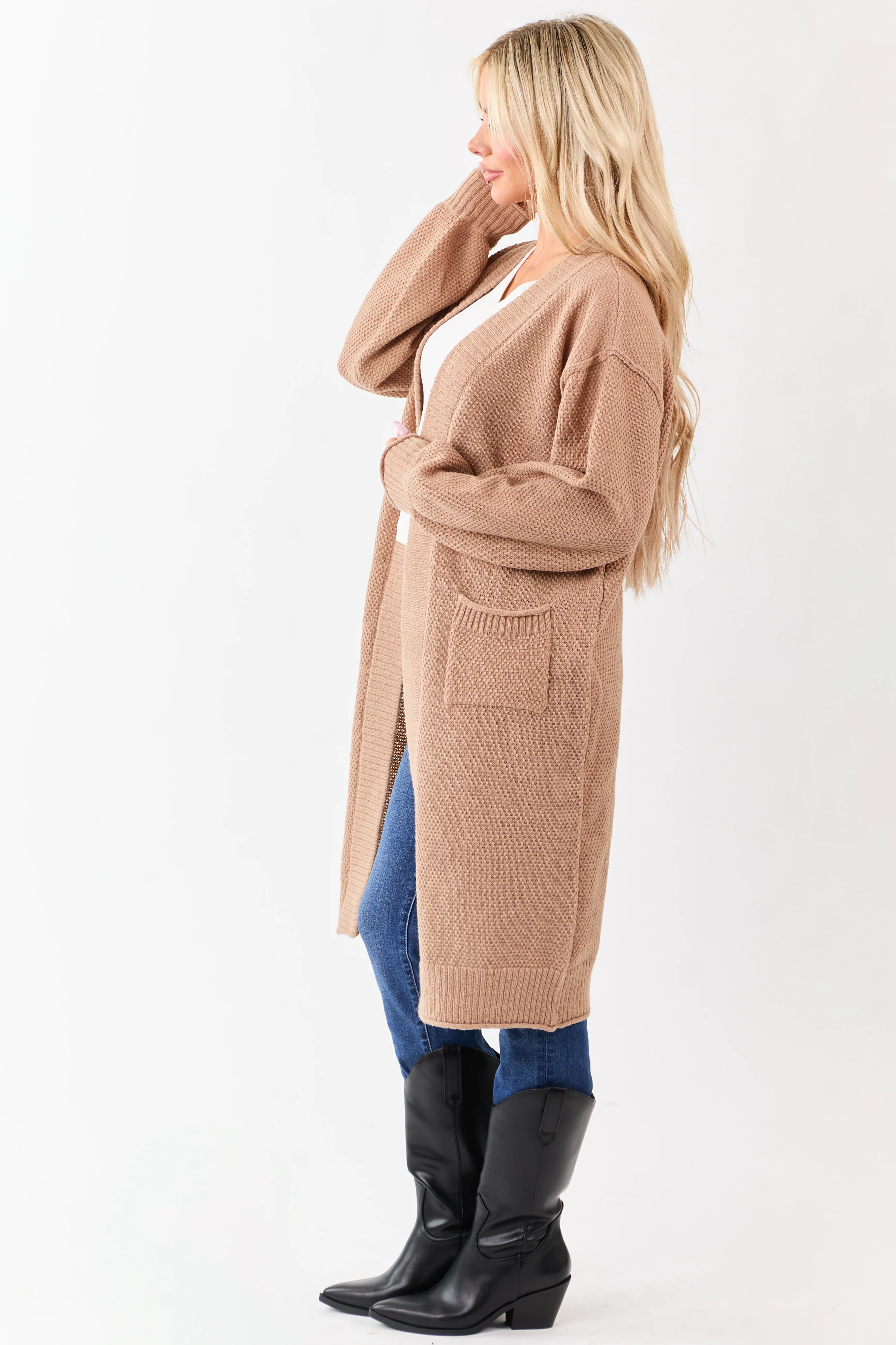 Latte Textured Knit Open Front Duster Cardigan - Image 4