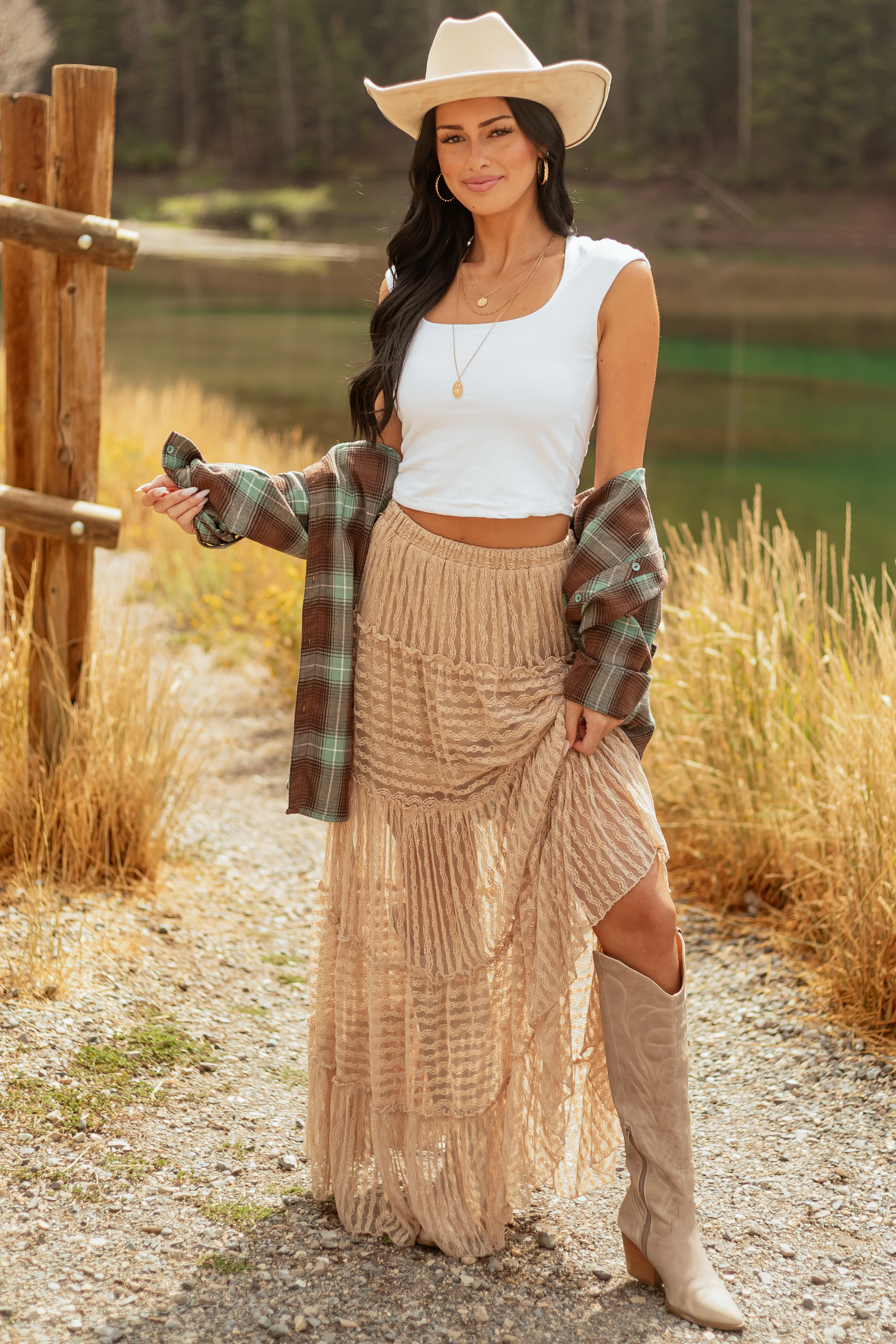 Latte Tiered Frill Lace Flowy Maxi Skirt - Image 2