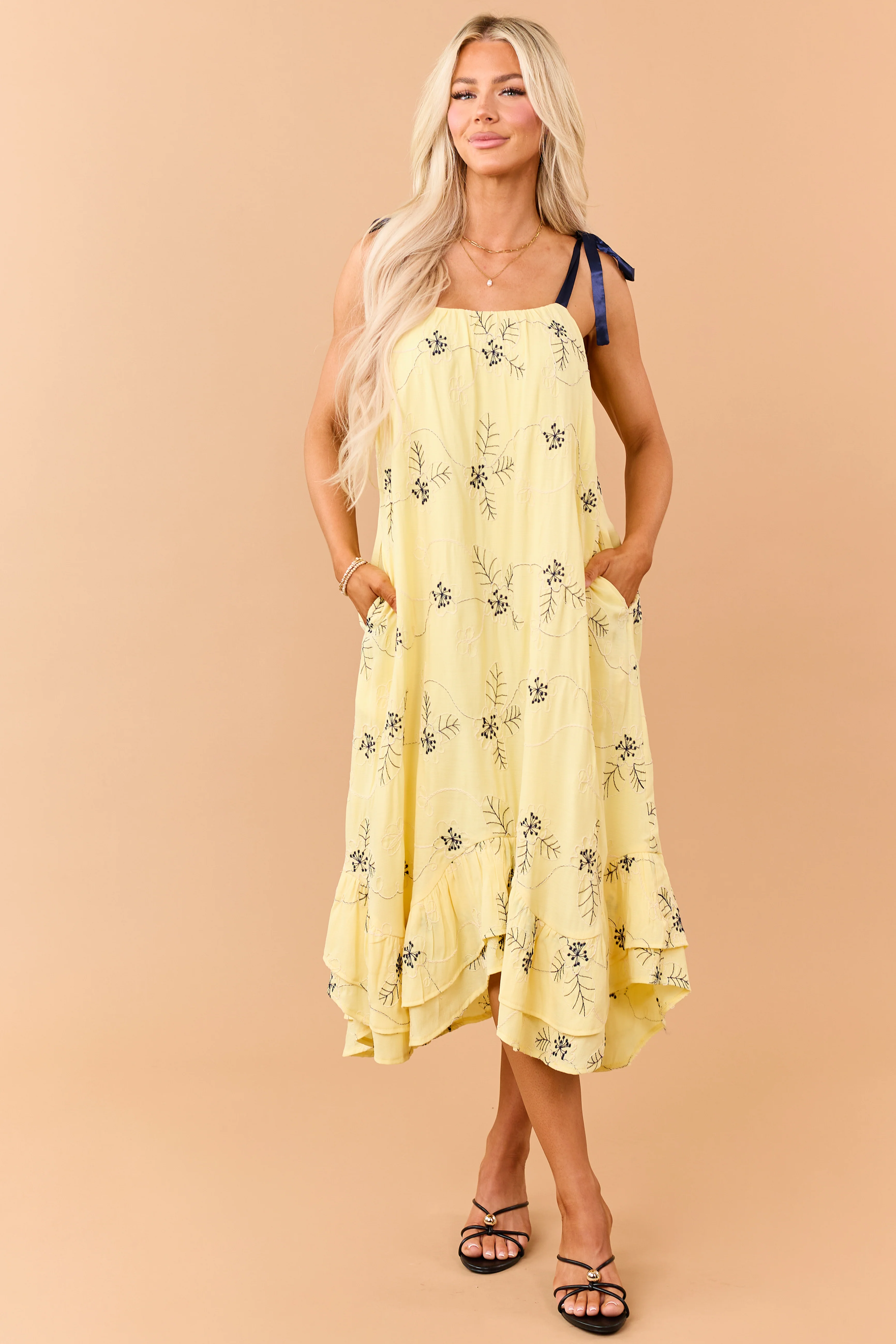 Lemon 3D Floral Embroidered Tie Strap Midi Dress - Image 2