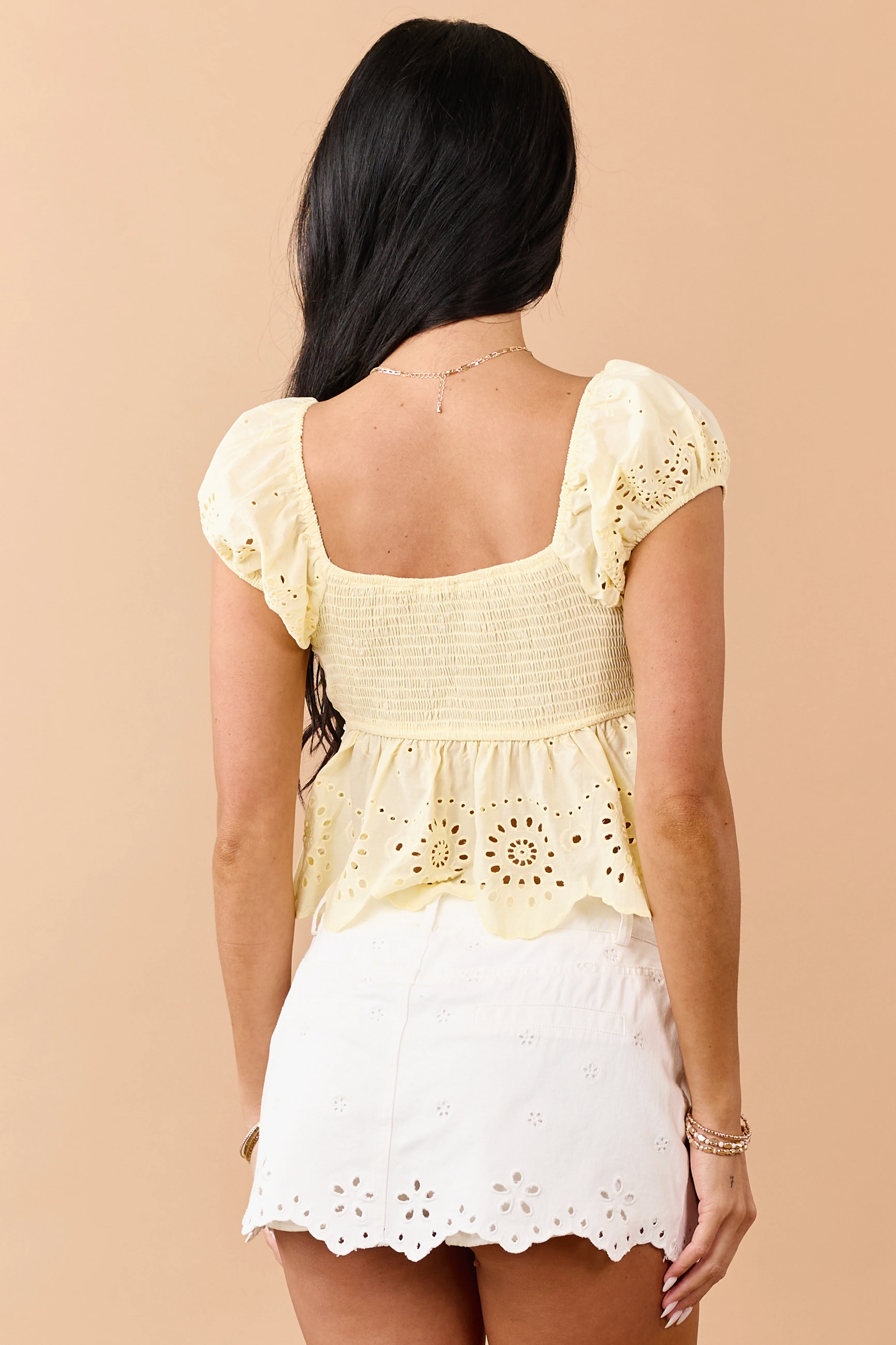 Lemon Eyelet Scalloped Hem Short Sleeve Cotton Top - Image 6