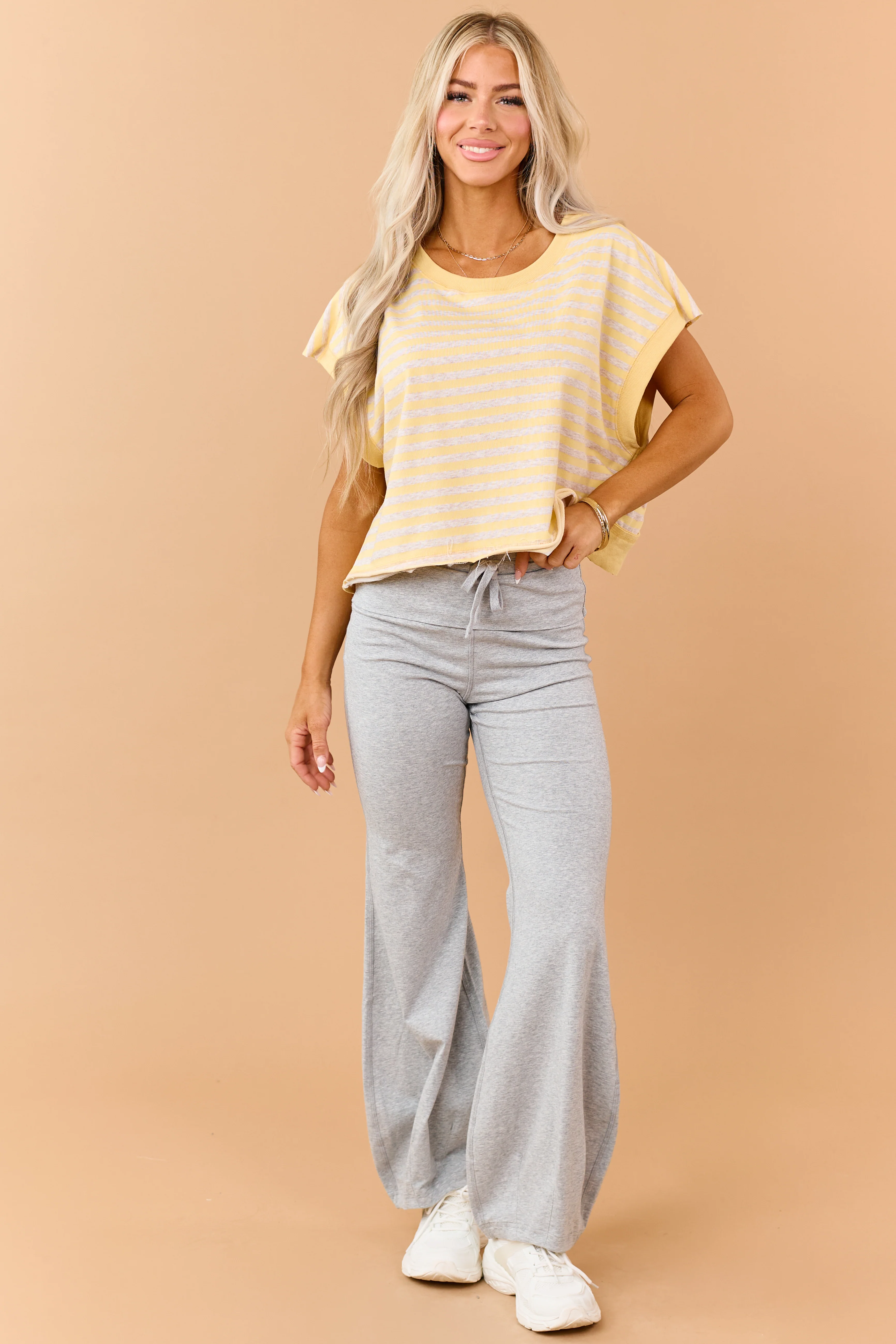 Lemon Striped French Terry Knit Open Back Top - Image 3