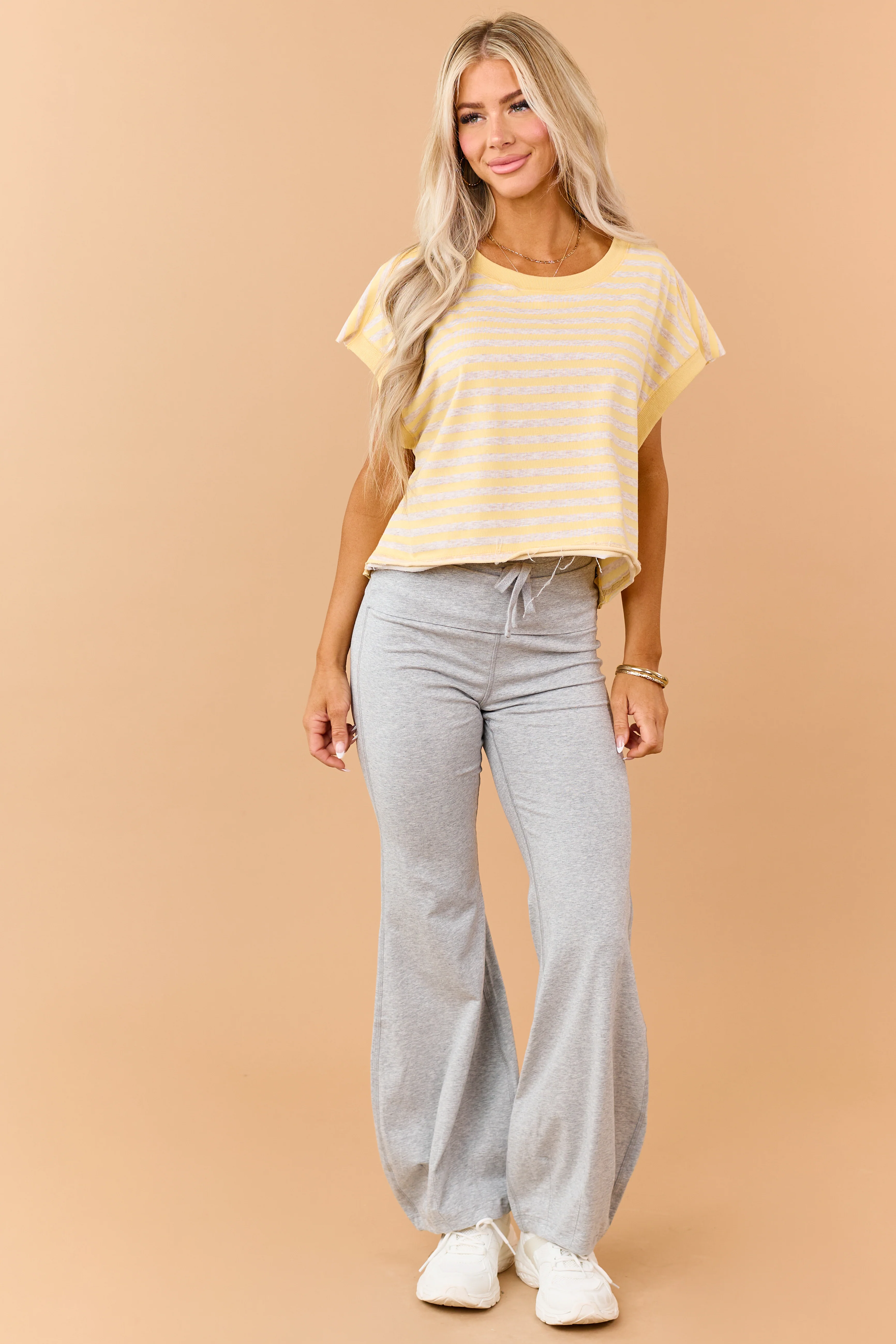 Lemon Striped French Terry Knit Open Back Top - Image 4