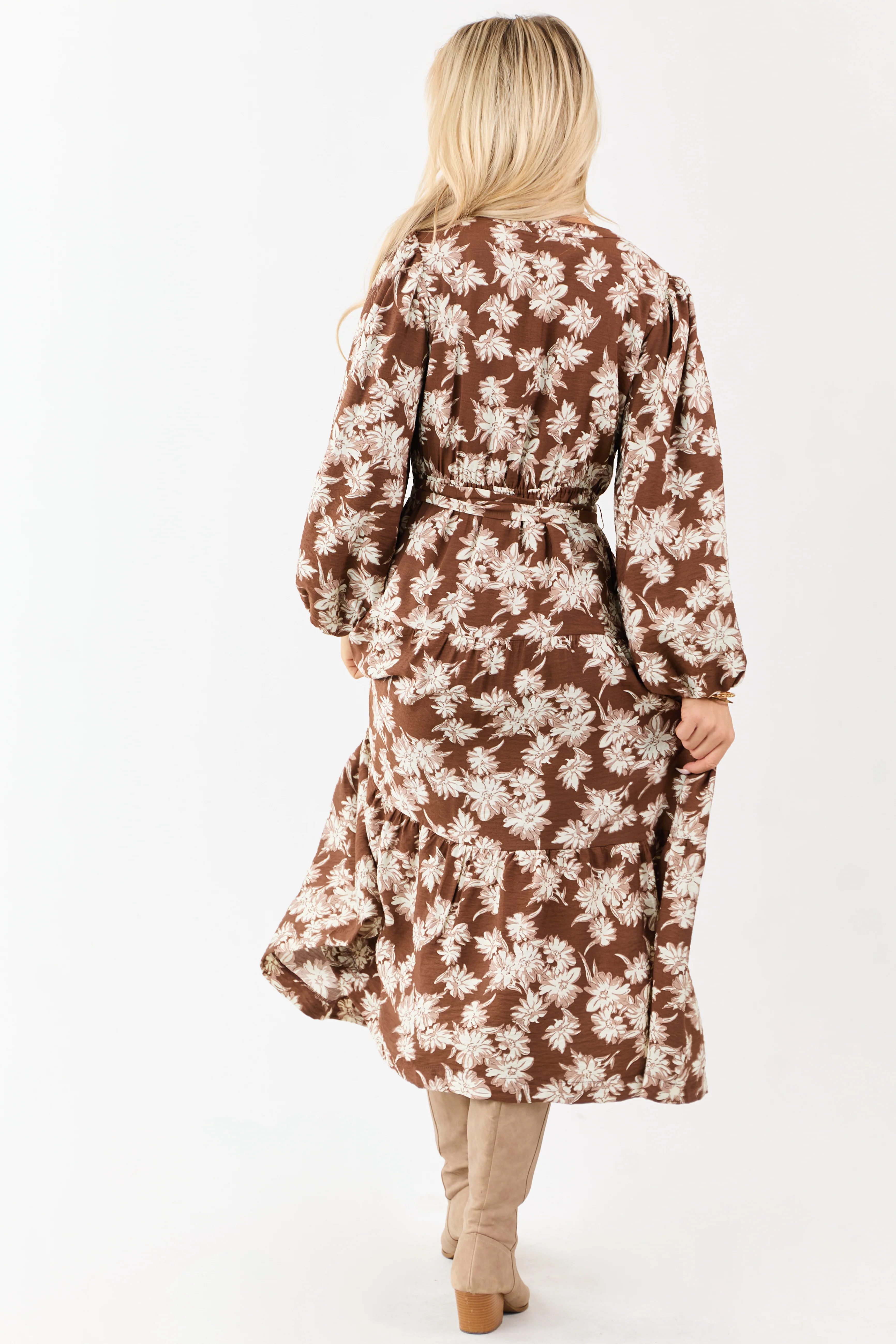 Light Cocoa Floral Waist Tie V-Neck Midi Dress - Image 7