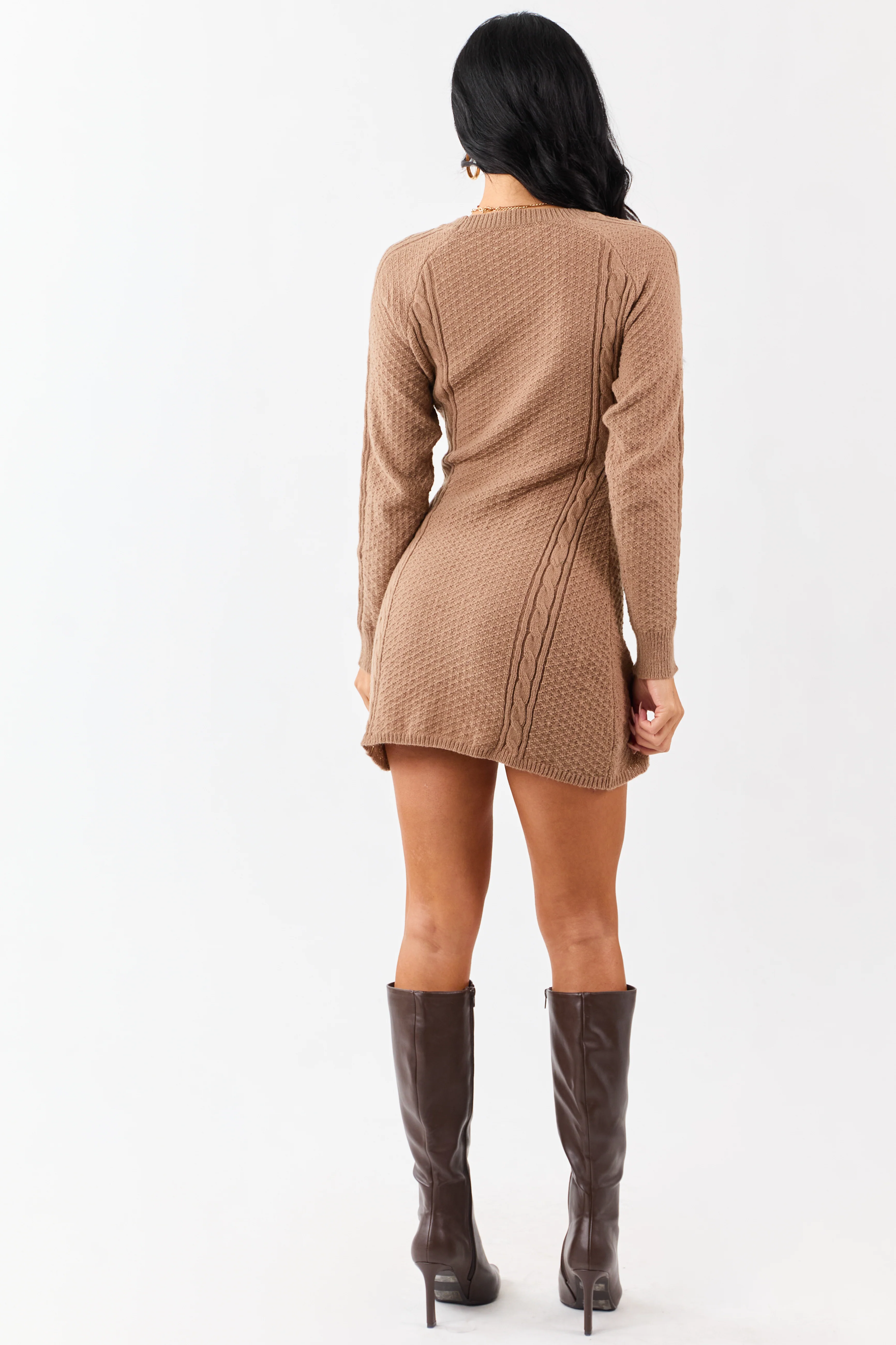Light Coffee Cable Knit Long Sleeve Sweater Mini Dress - Image 6