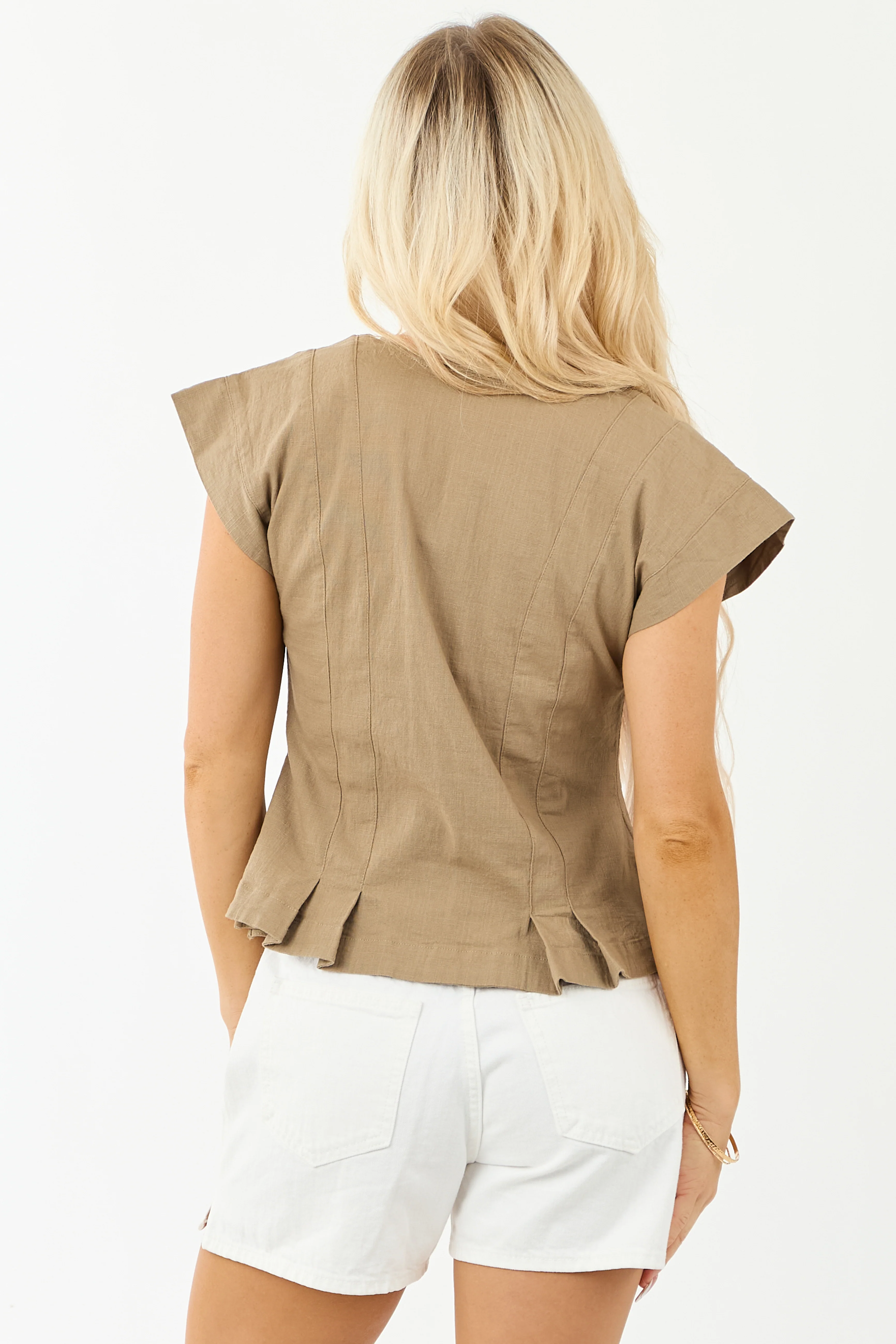 Light Coffee Pleated Hem Button Up Cap Sleeve Top - Image 6