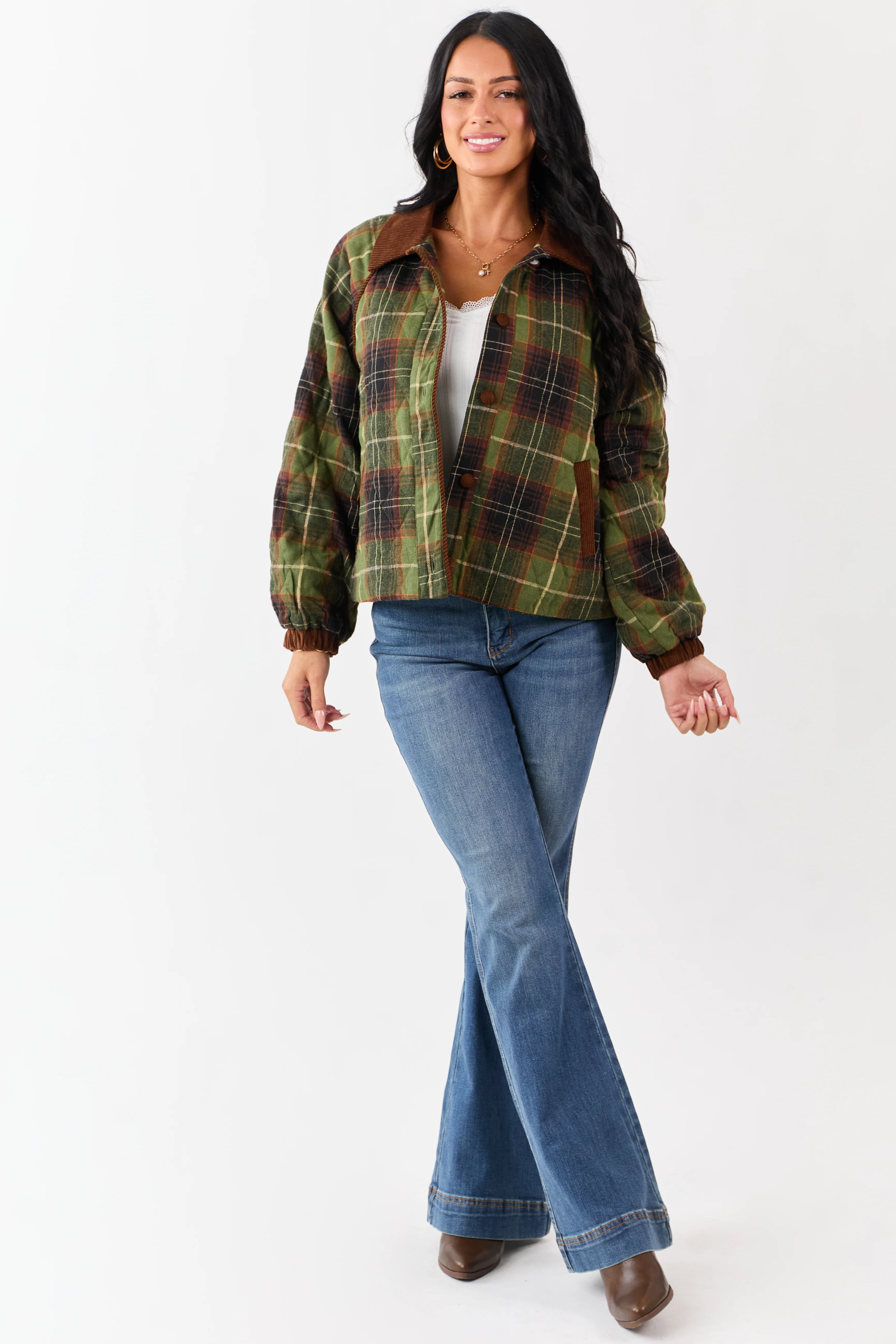 Olive Cotton Quilted Plaid Contrast Corduroy Jacket - Image 3