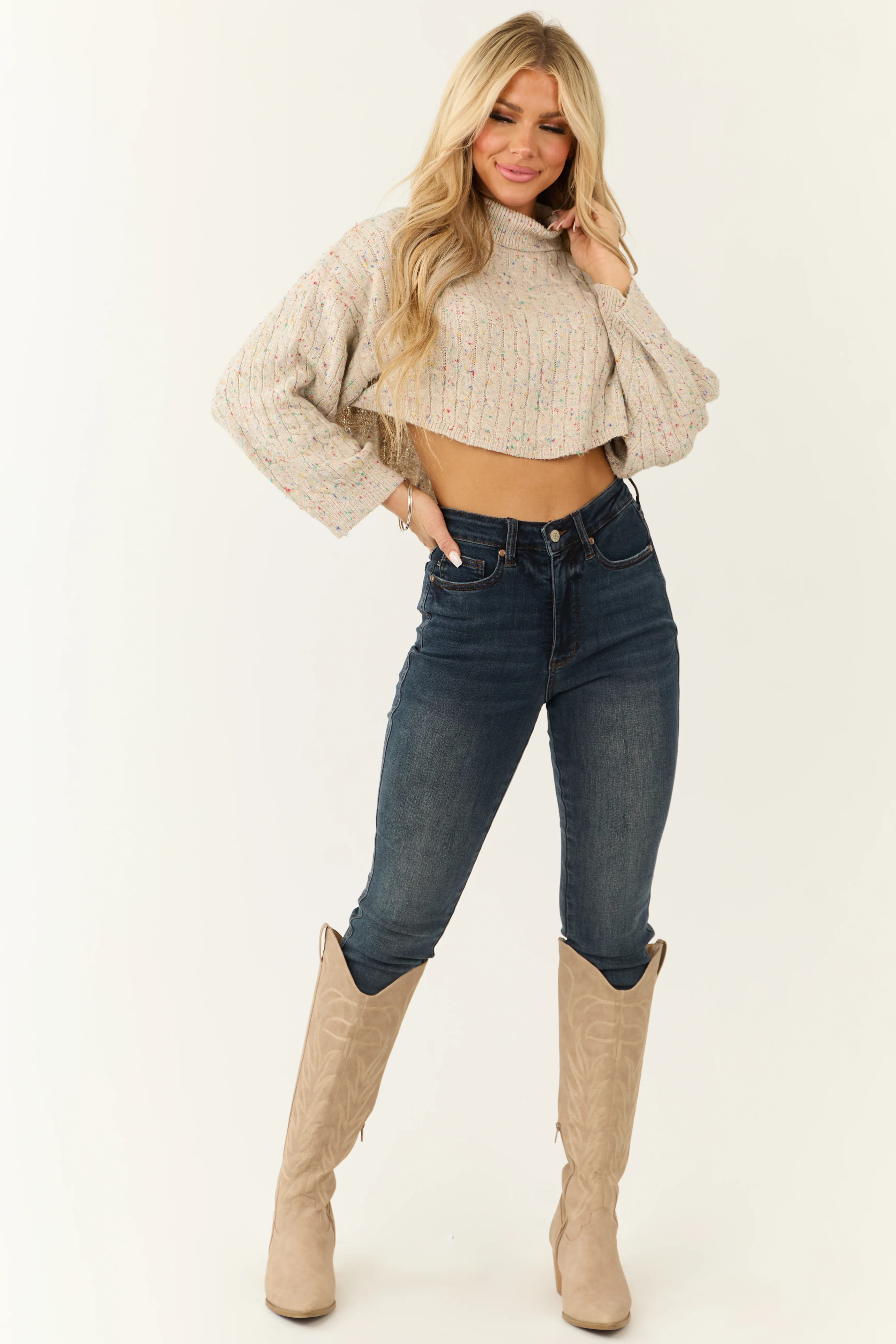 Light Oatmeal Confetti Knit Turtleneck Sweater - Image 4