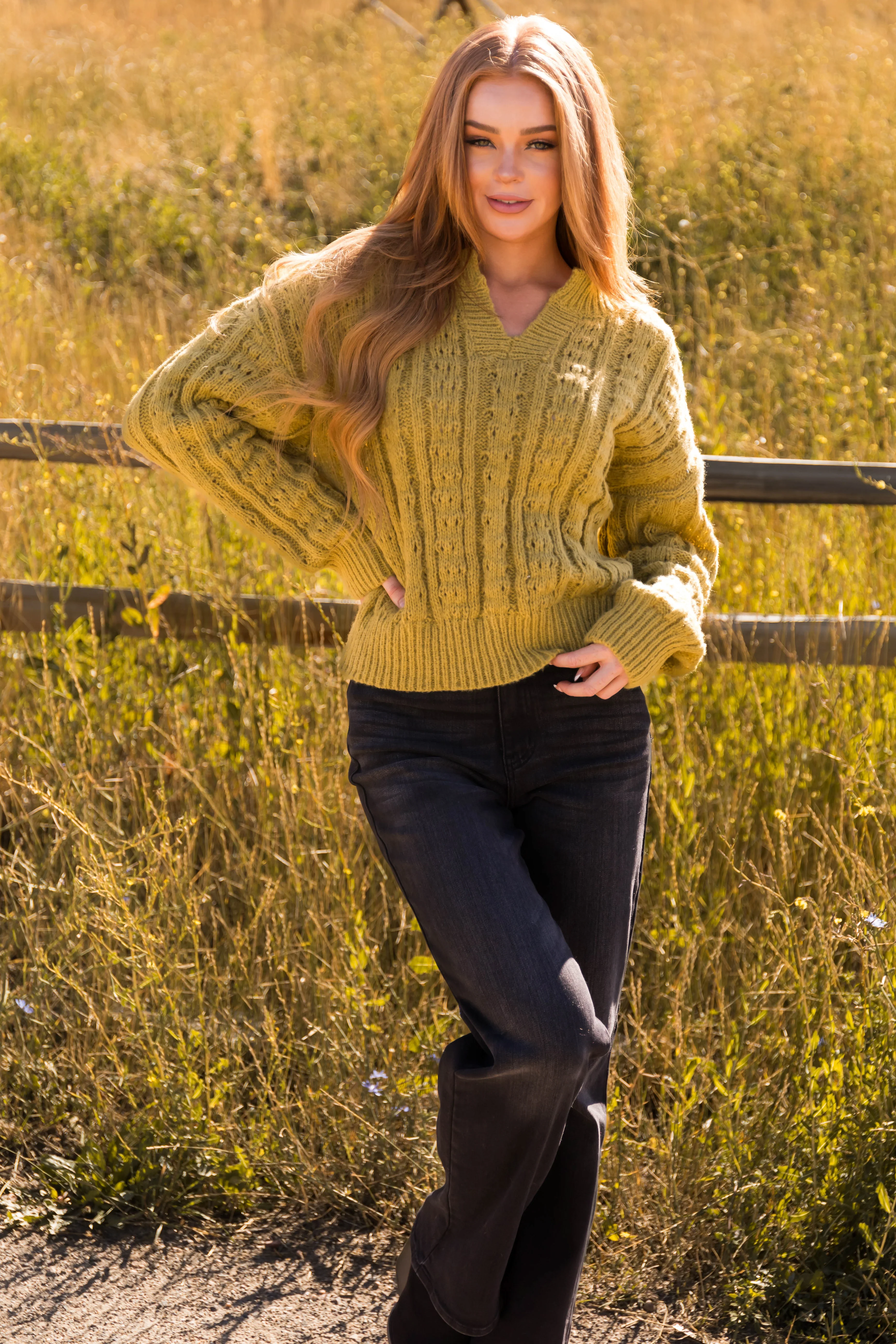 Light Olive Notch Neck Cable Knit Sweater - Image 2