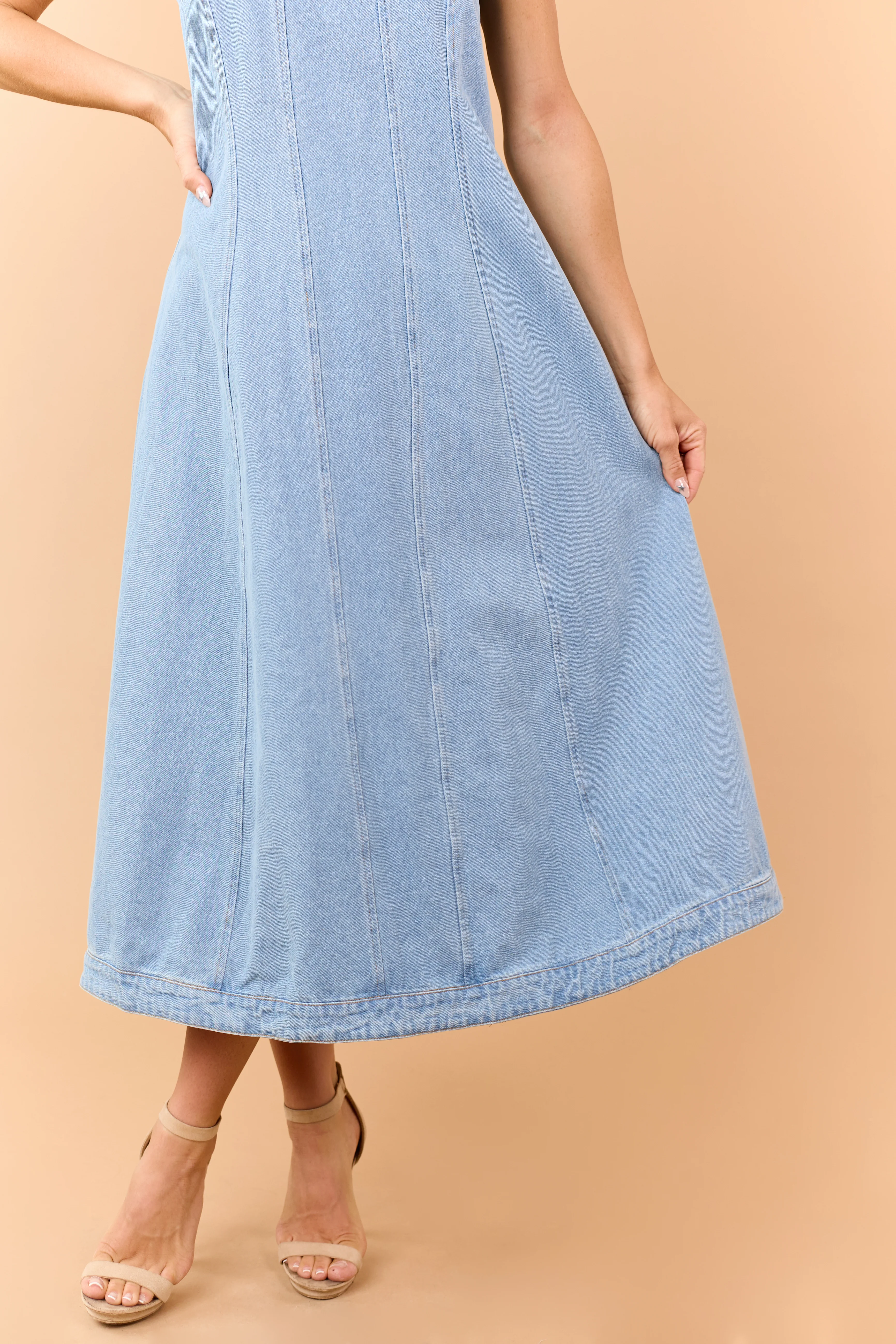 Light Wash Denim Contrast Stitch Midi Dress - Image 6
