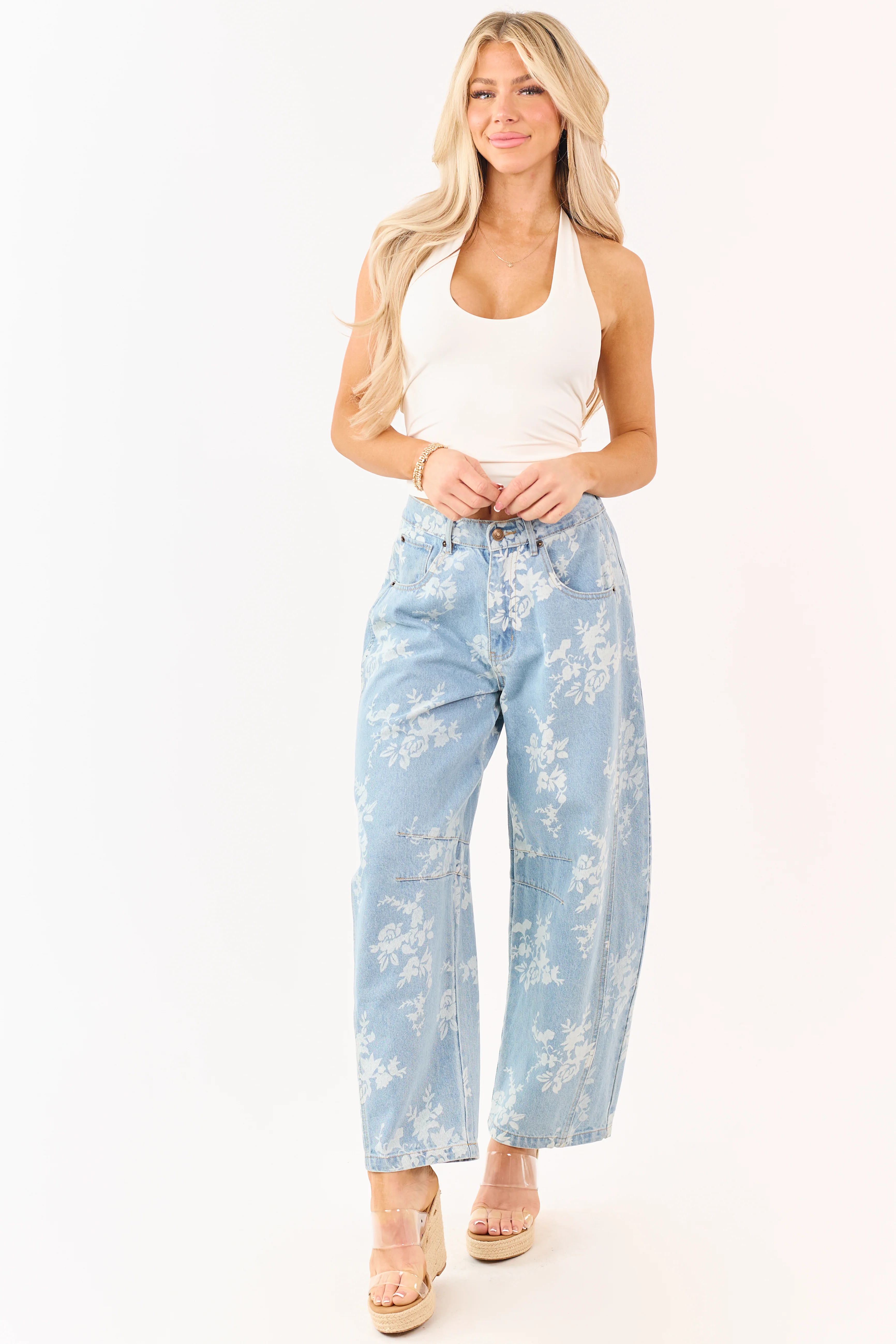 Light Wash Floral Elastic Waist Barrel Jeans - Image 5