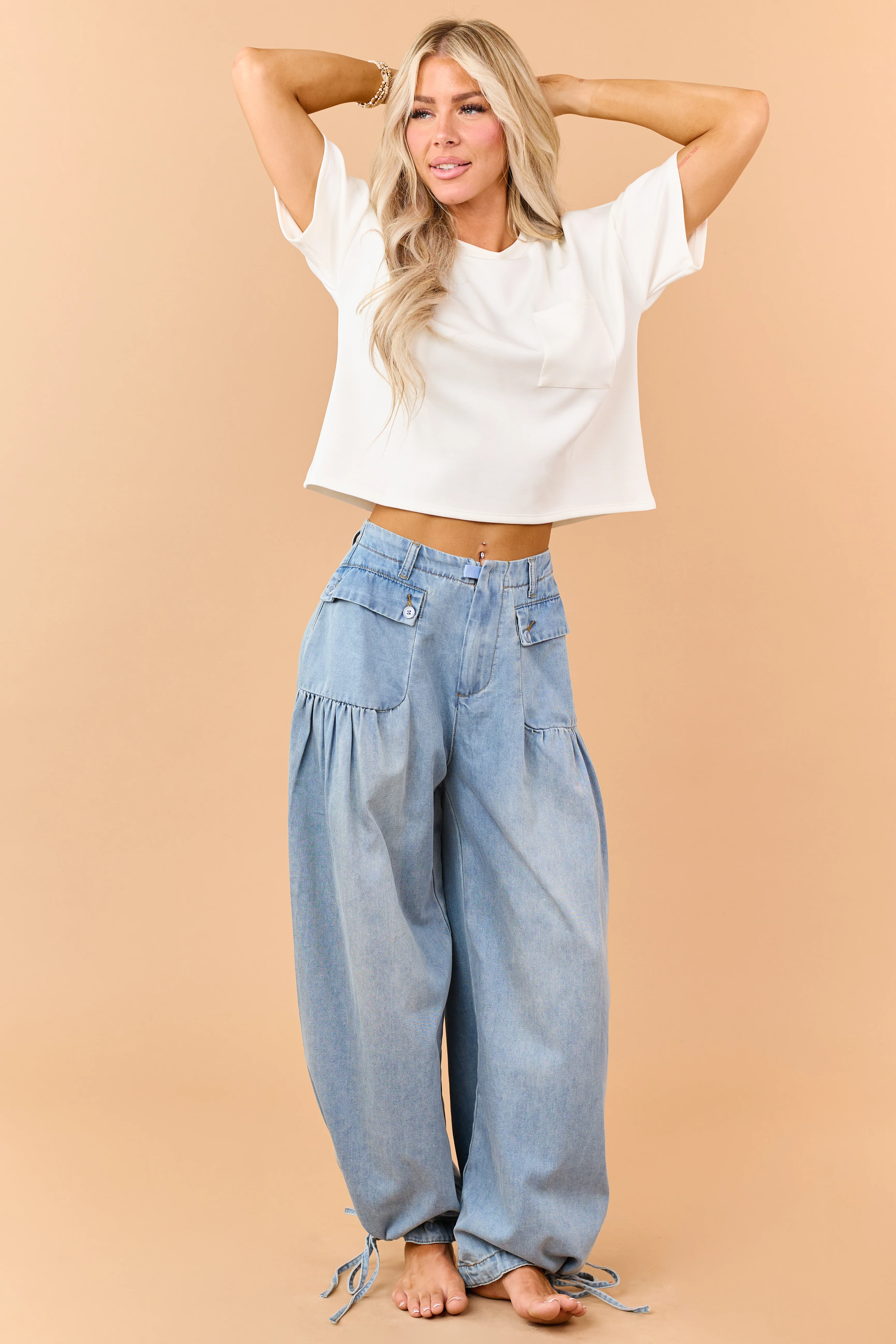 Light Wash Lightweight Denim Tie Hem Wide Pants - Image 5