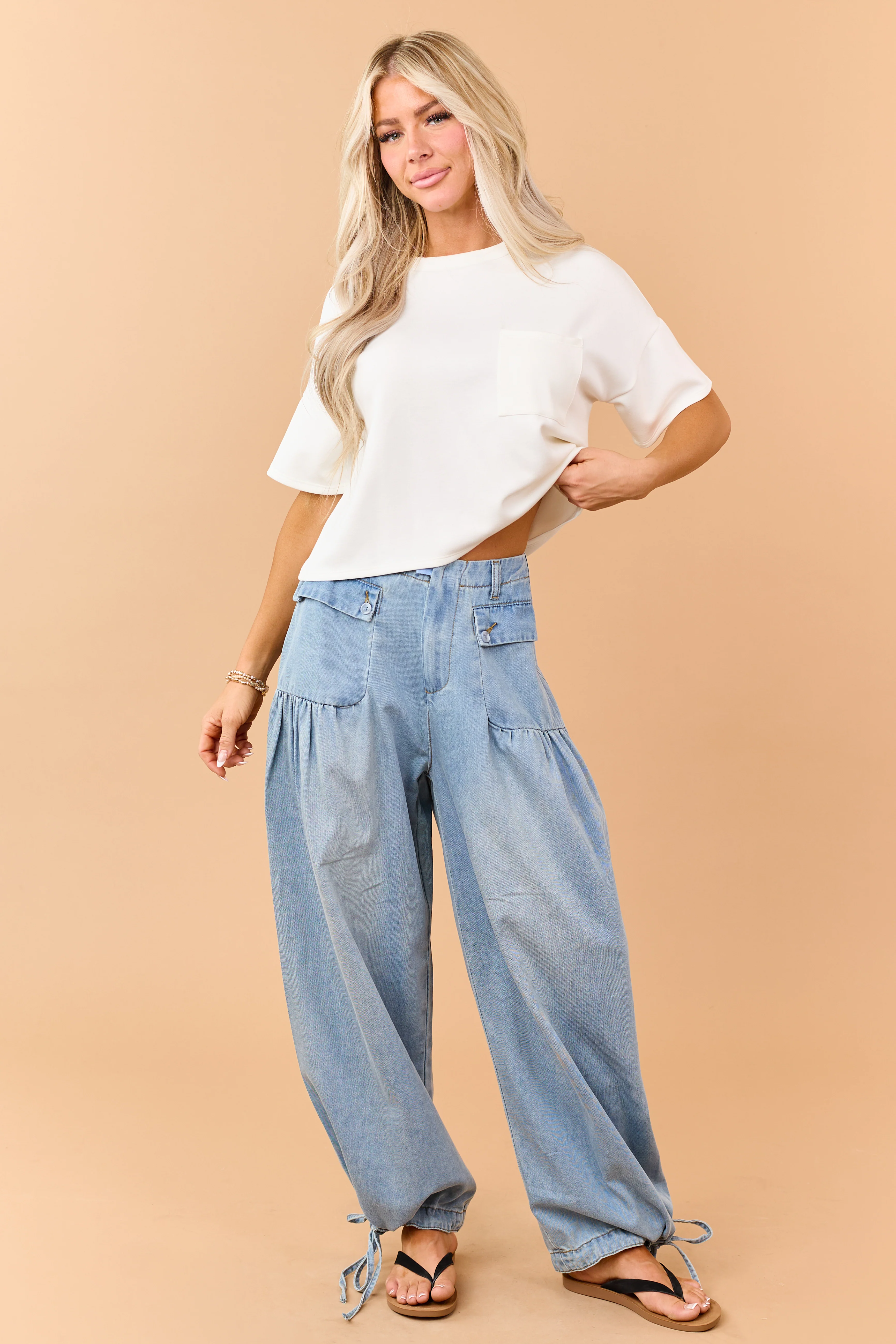 Light Wash Lightweight Denim Tie Hem Wide Pants - Image 6