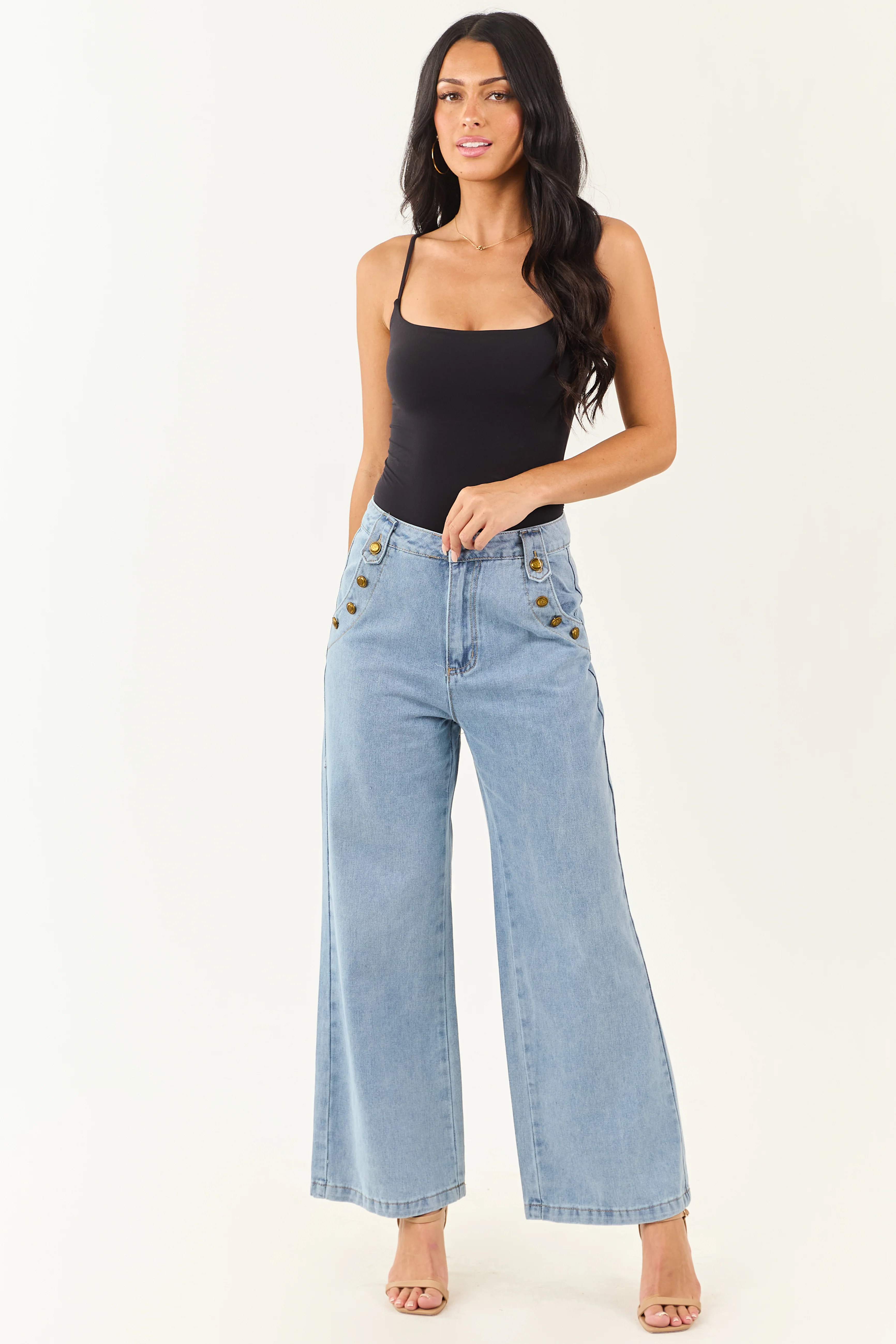 Light Wash Wide Leg High Rise Gold Button Jeans - Image 5
