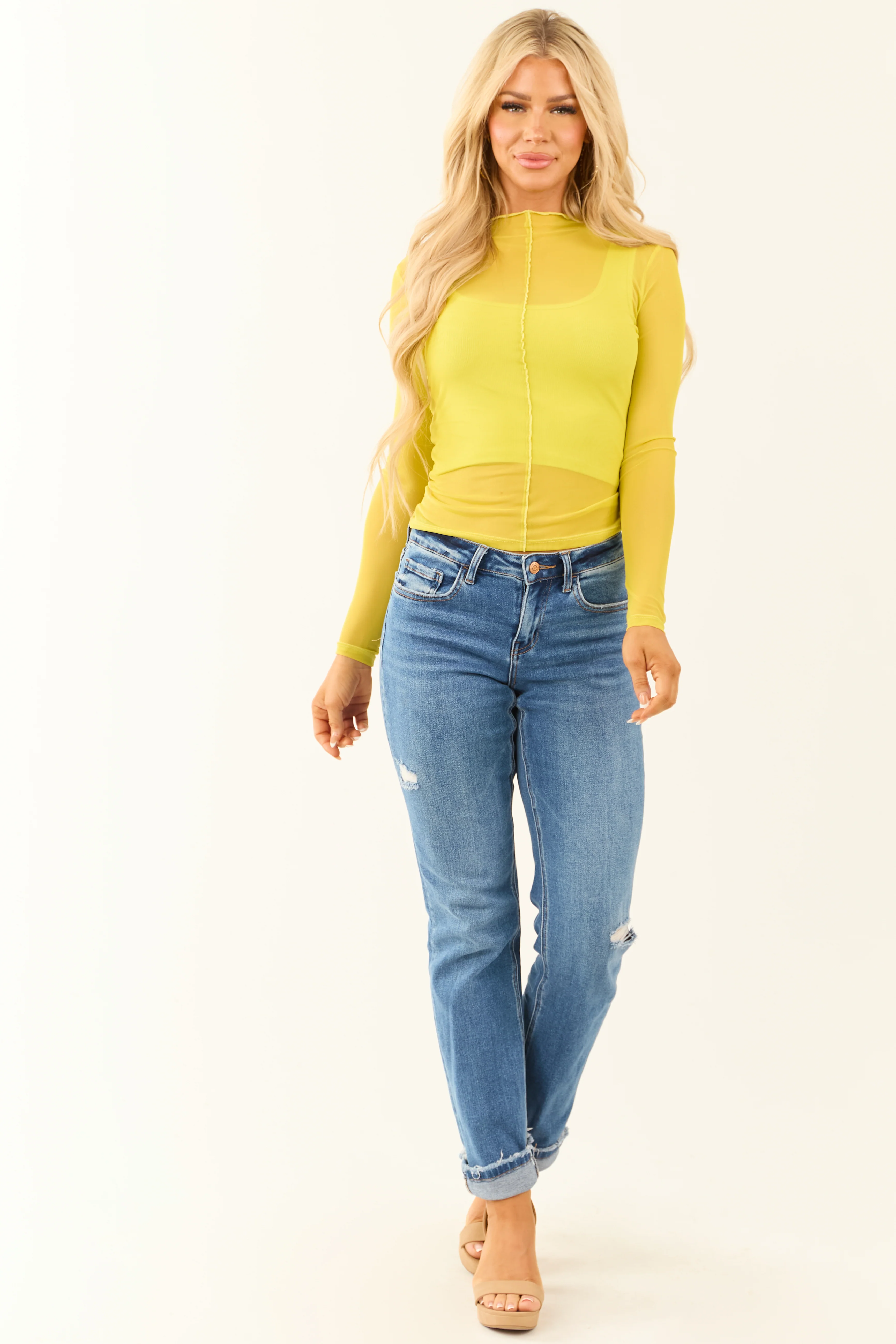 Lime Ribbed Crop Top with Long Sleeve Overlay - Image 3