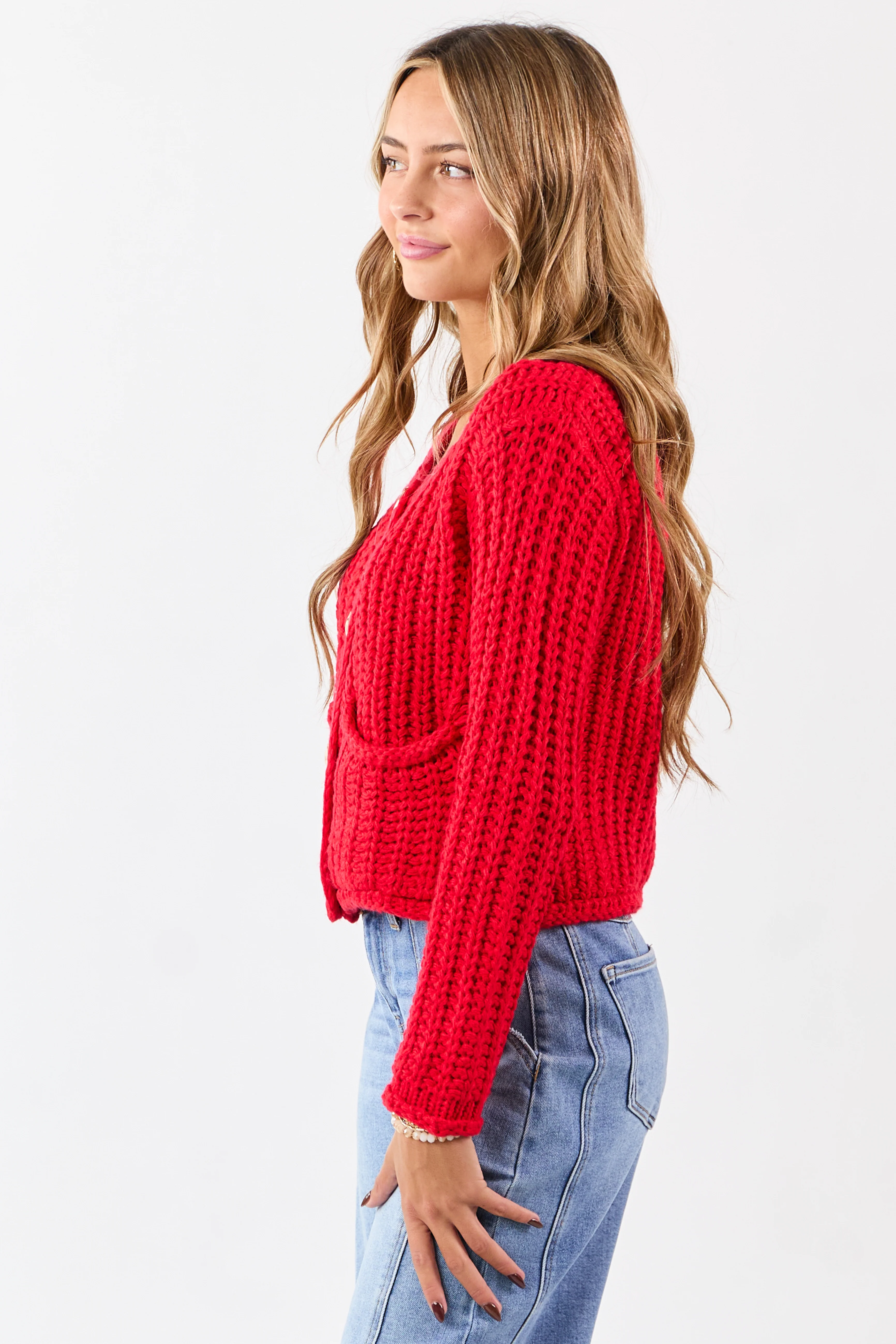 Lipstick Chunky Rib Knit Button Down Cardigan - Image 6