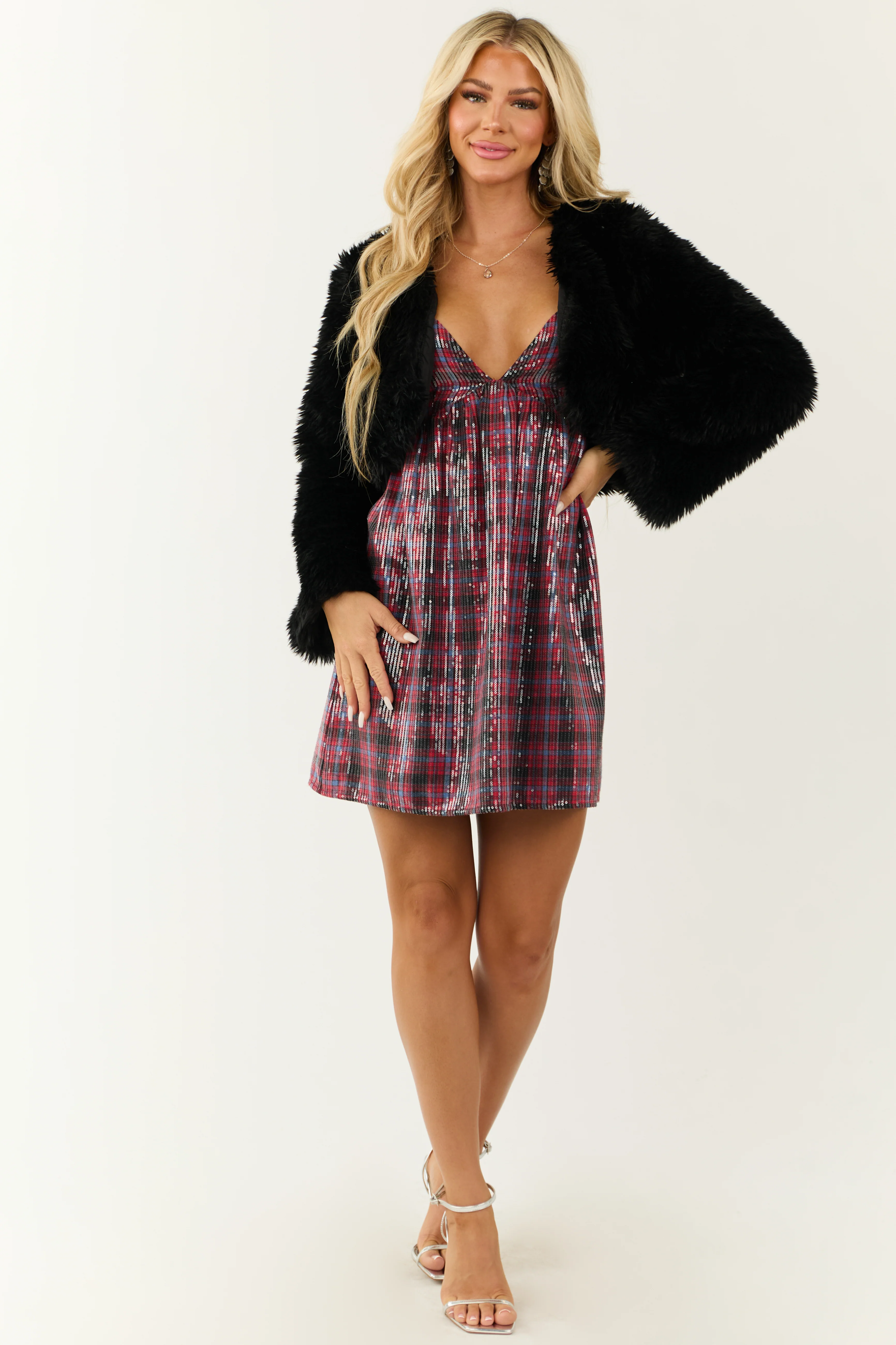 Lipstick Plaid Sequin Sleeveless Short Dress - Image 5