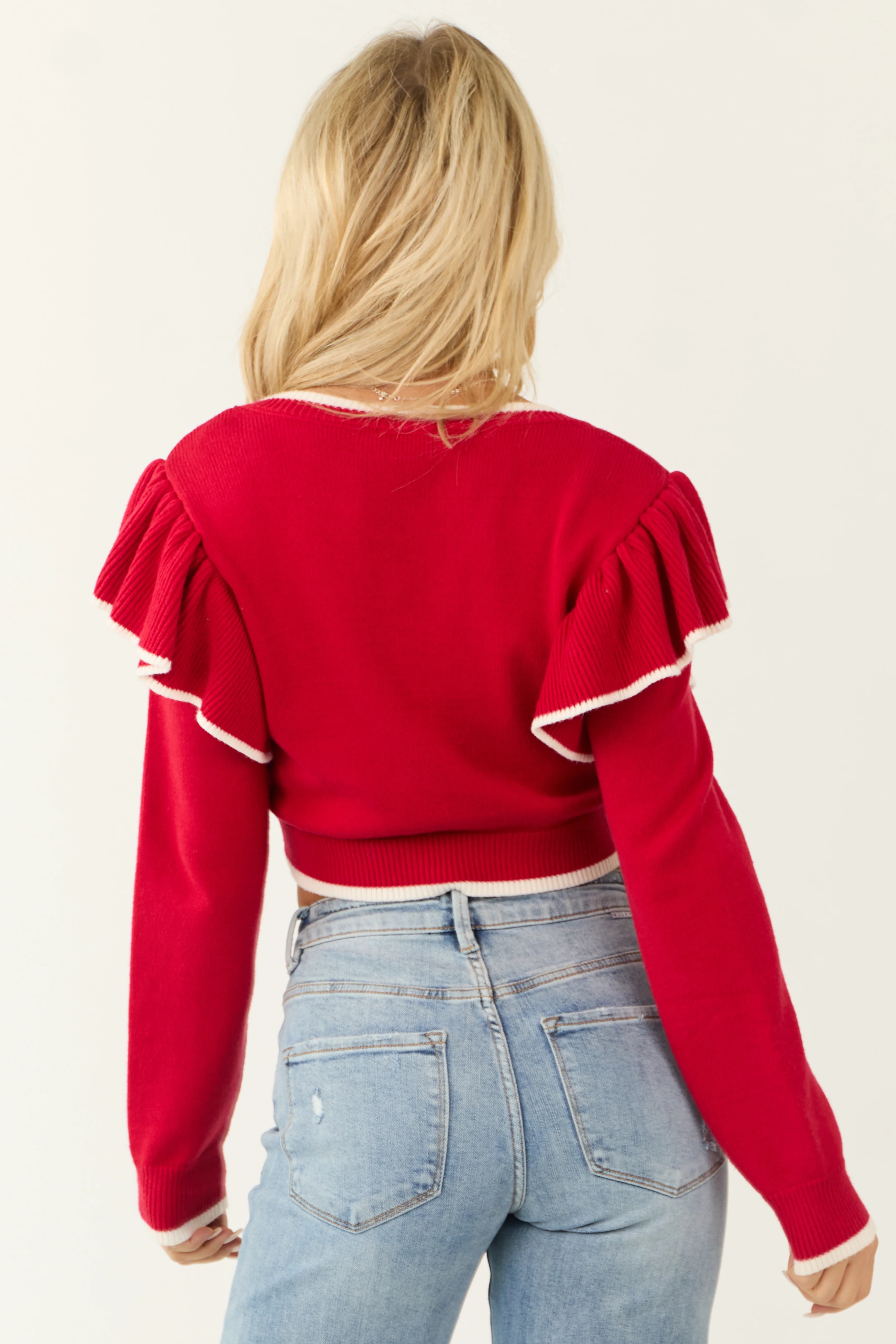 Lipstick Ruffle Shoulder Cropped Sweater - Image 5